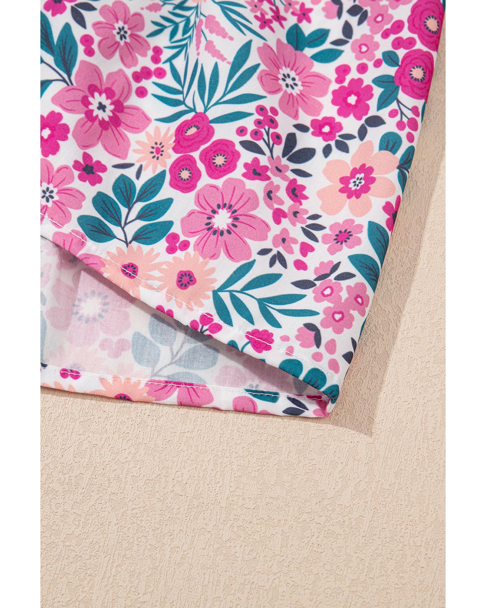 Pink Floral Collared Half Placket Short Sleeve Loose Dress - M 8