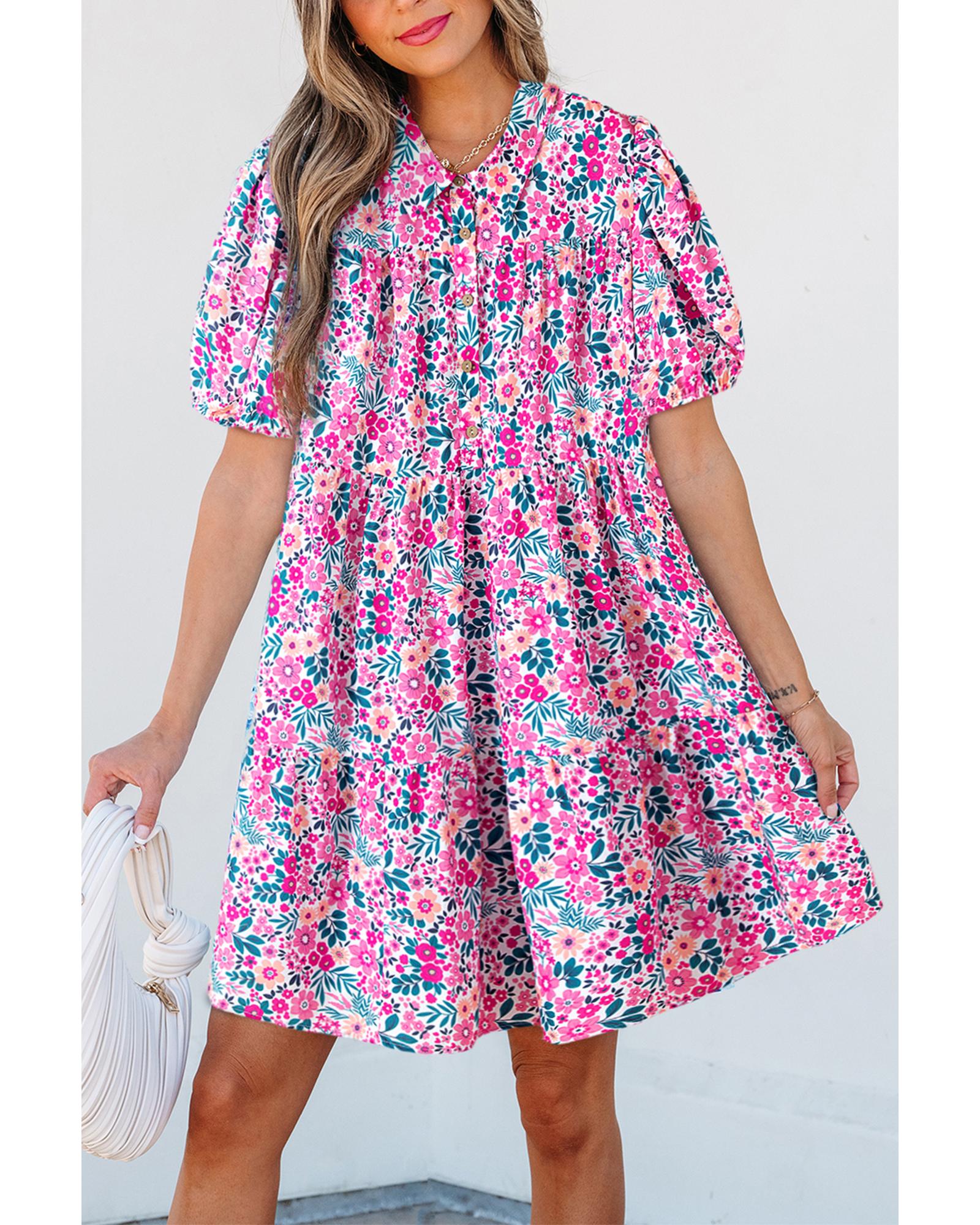Pink Floral Collared Half Placket Short Sleeve Loose Dress - S