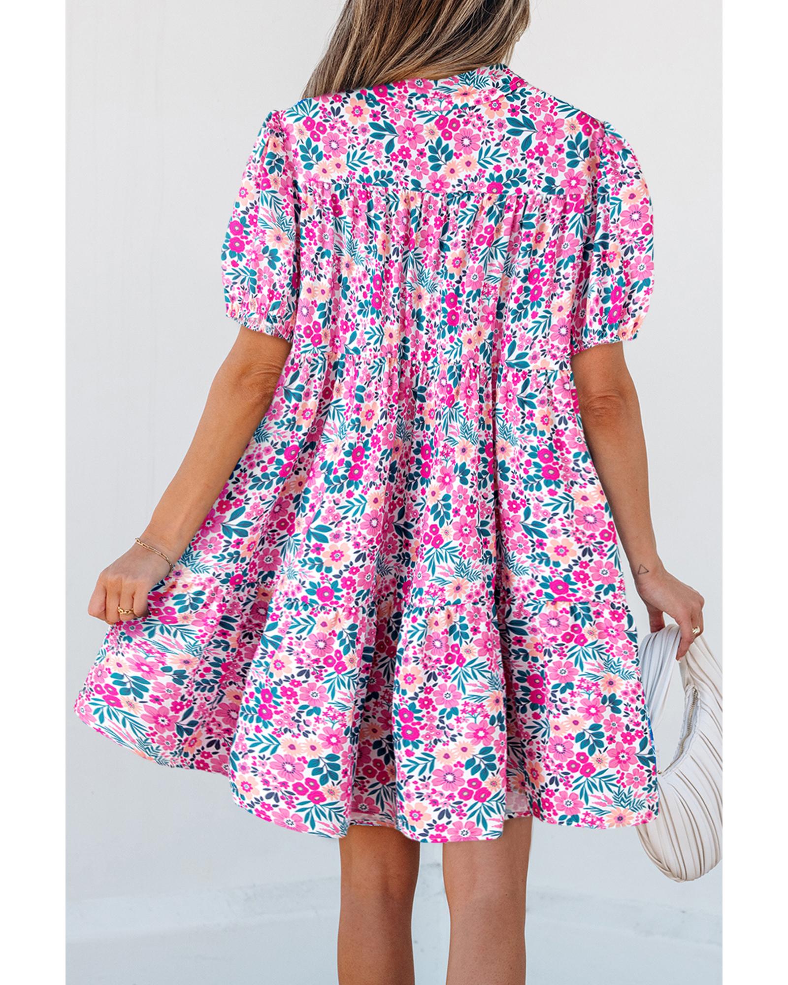 Pink Floral Collared Half Placket Short Sleeve Loose Dress - S