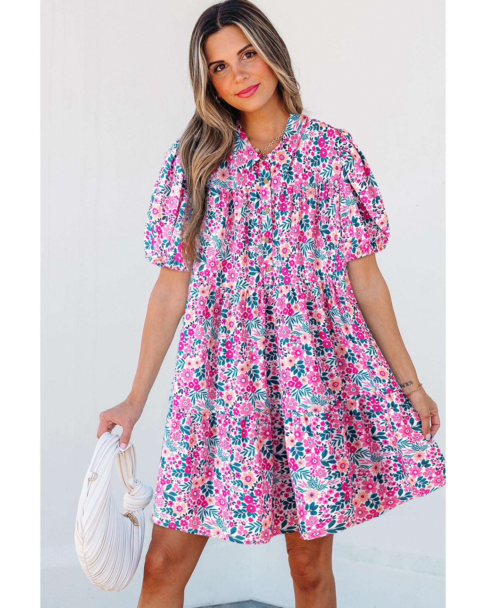 Pink Floral Collared Half Placket Short Sleeve Loose Dress - S 3