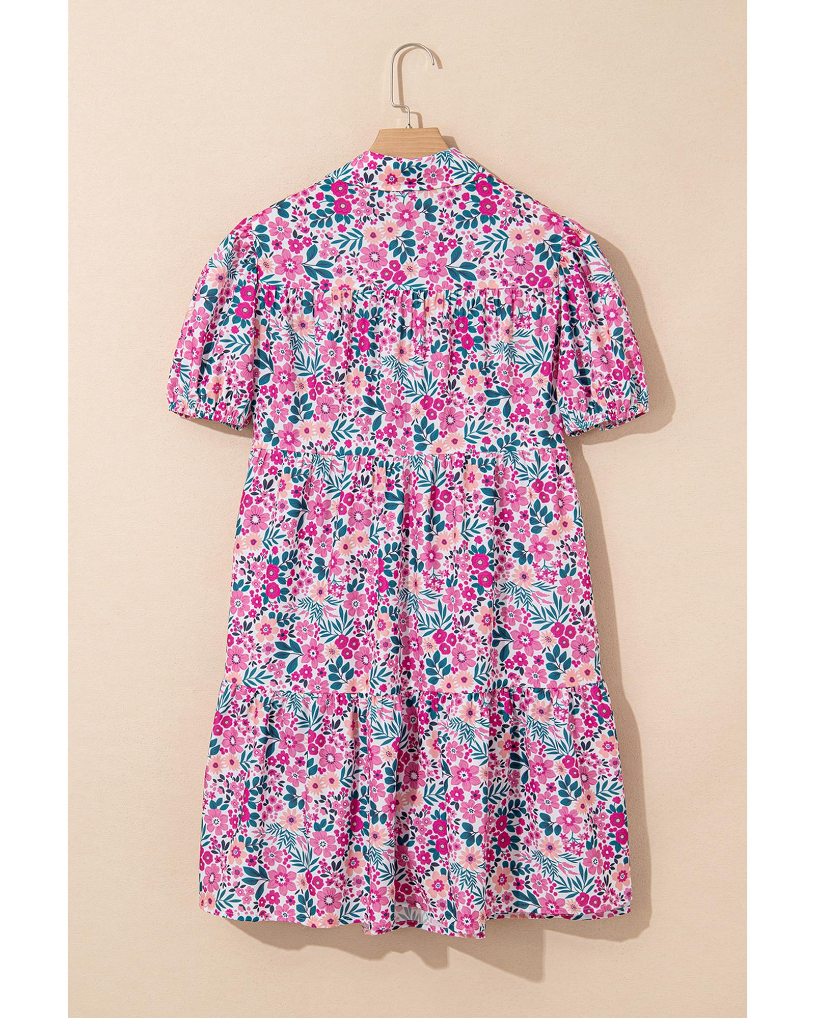 Pink Floral Collared Half Placket Short Sleeve Loose Dress - S 5