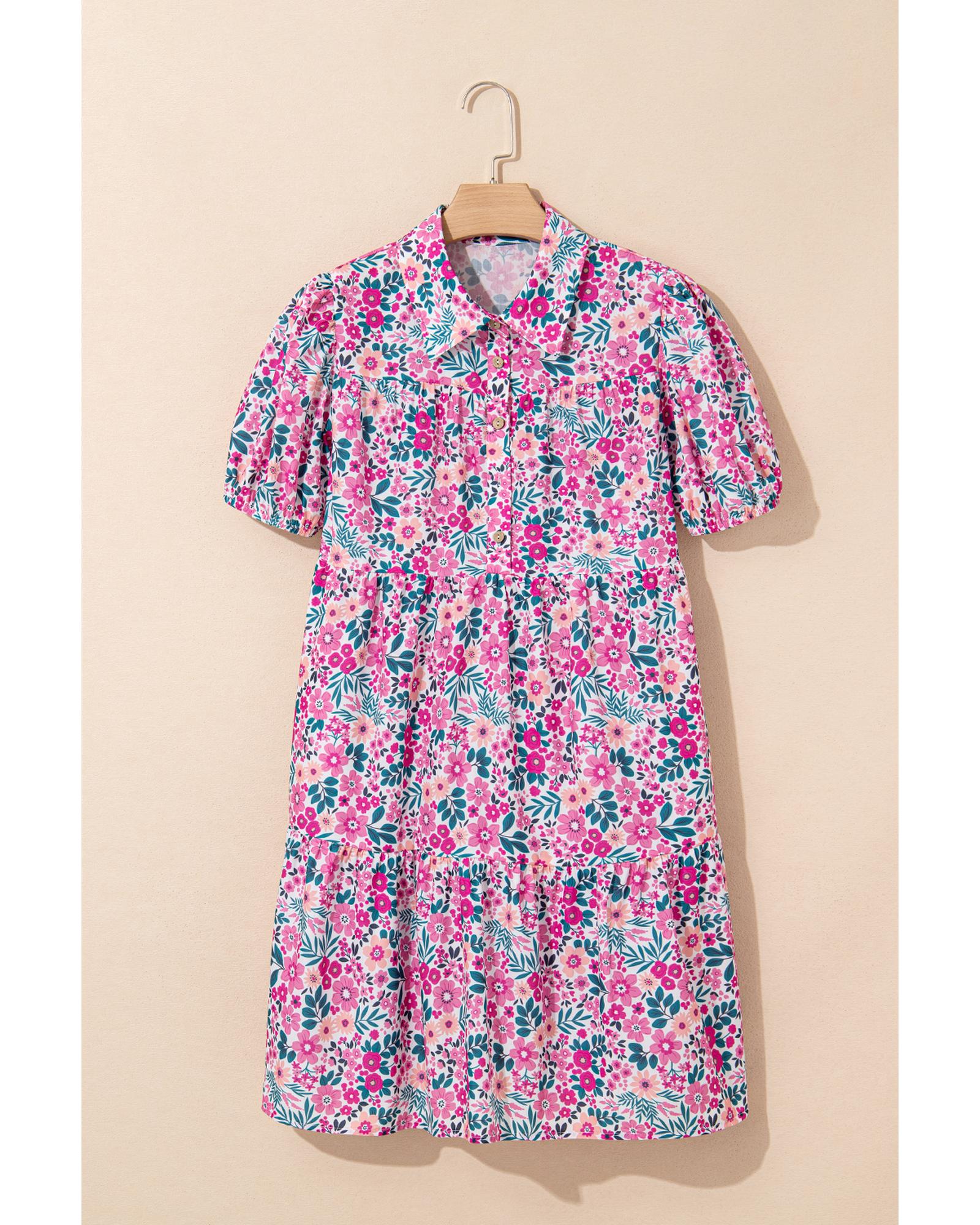 Pink Floral Collared Half Placket Short Sleeve Loose Dress - XL 4