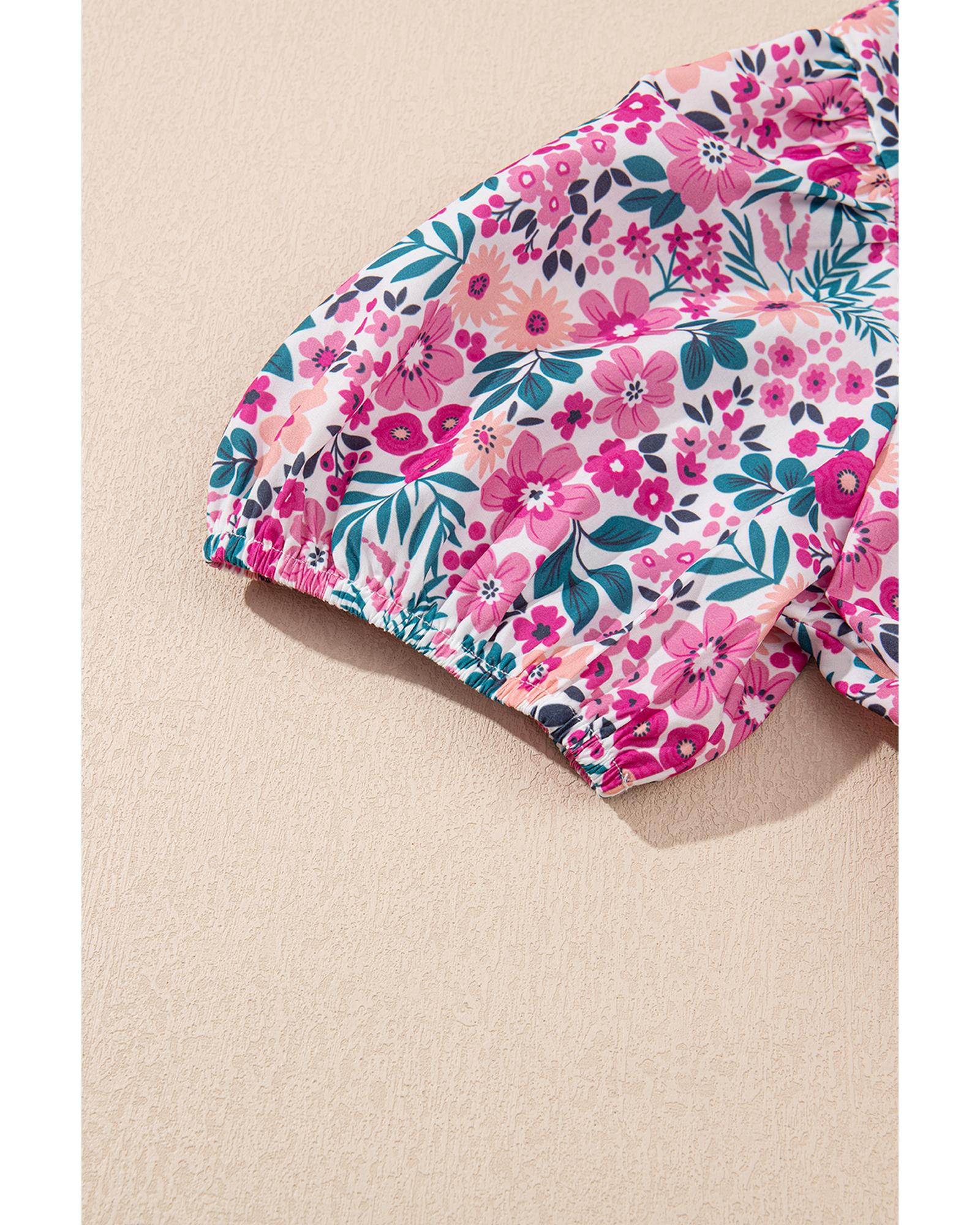 Pink Floral Collared Half Placket Short Sleeve Loose Dress - XL 5