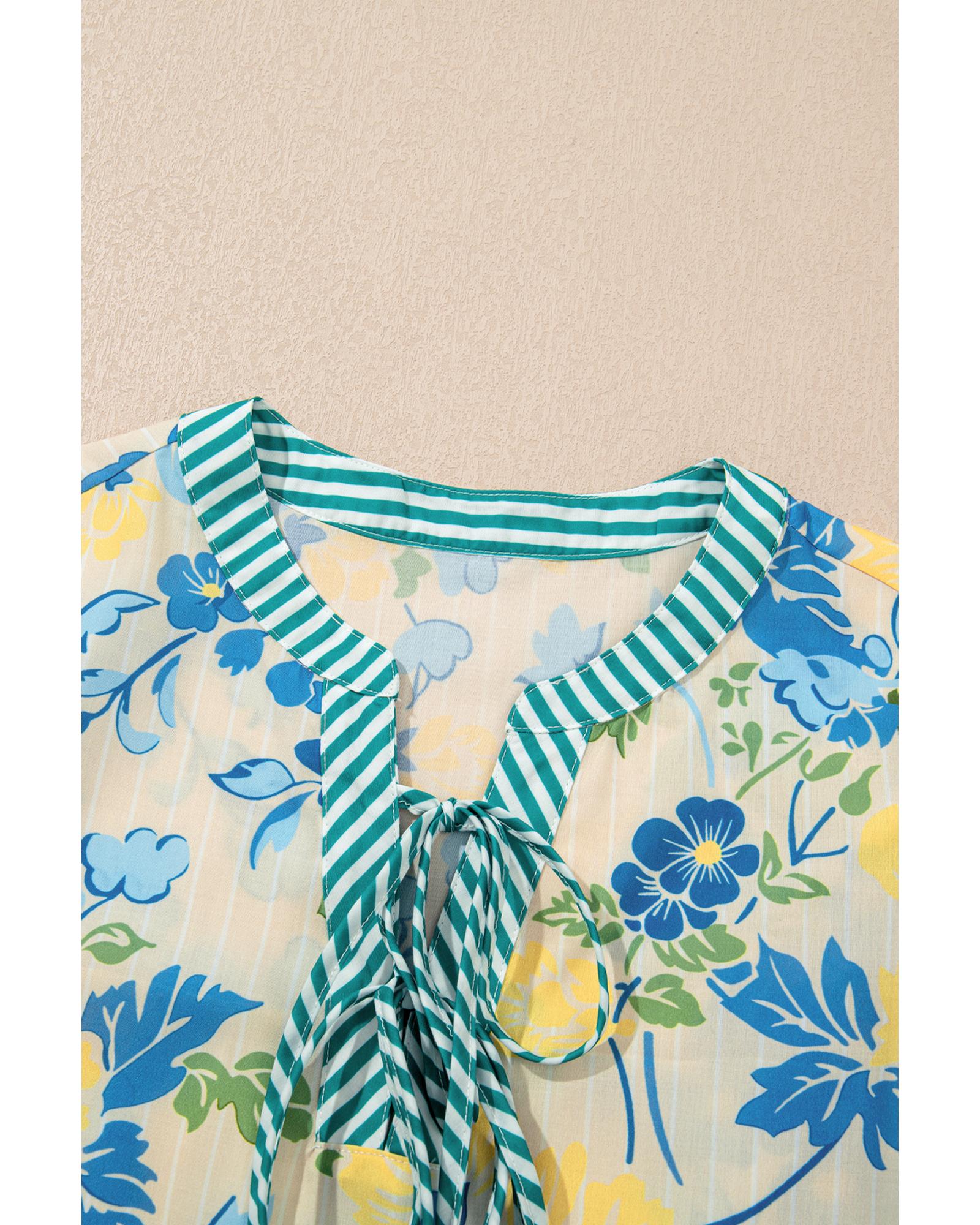 Blue Floral Striped Trim Puff Short Sleeve Dress - L 5