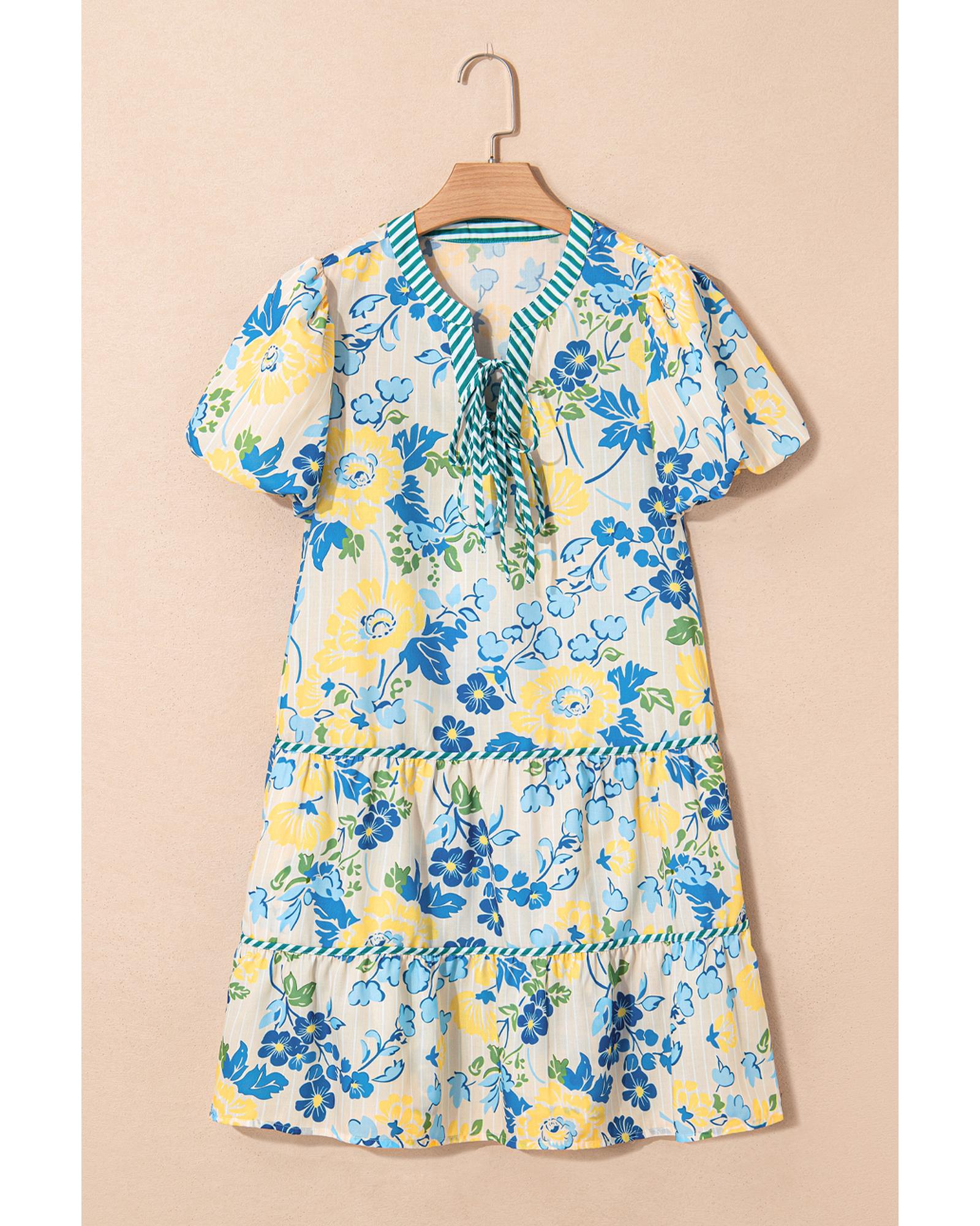 Blue Floral Striped Trim Puff Short Sleeve Dress - XL 3