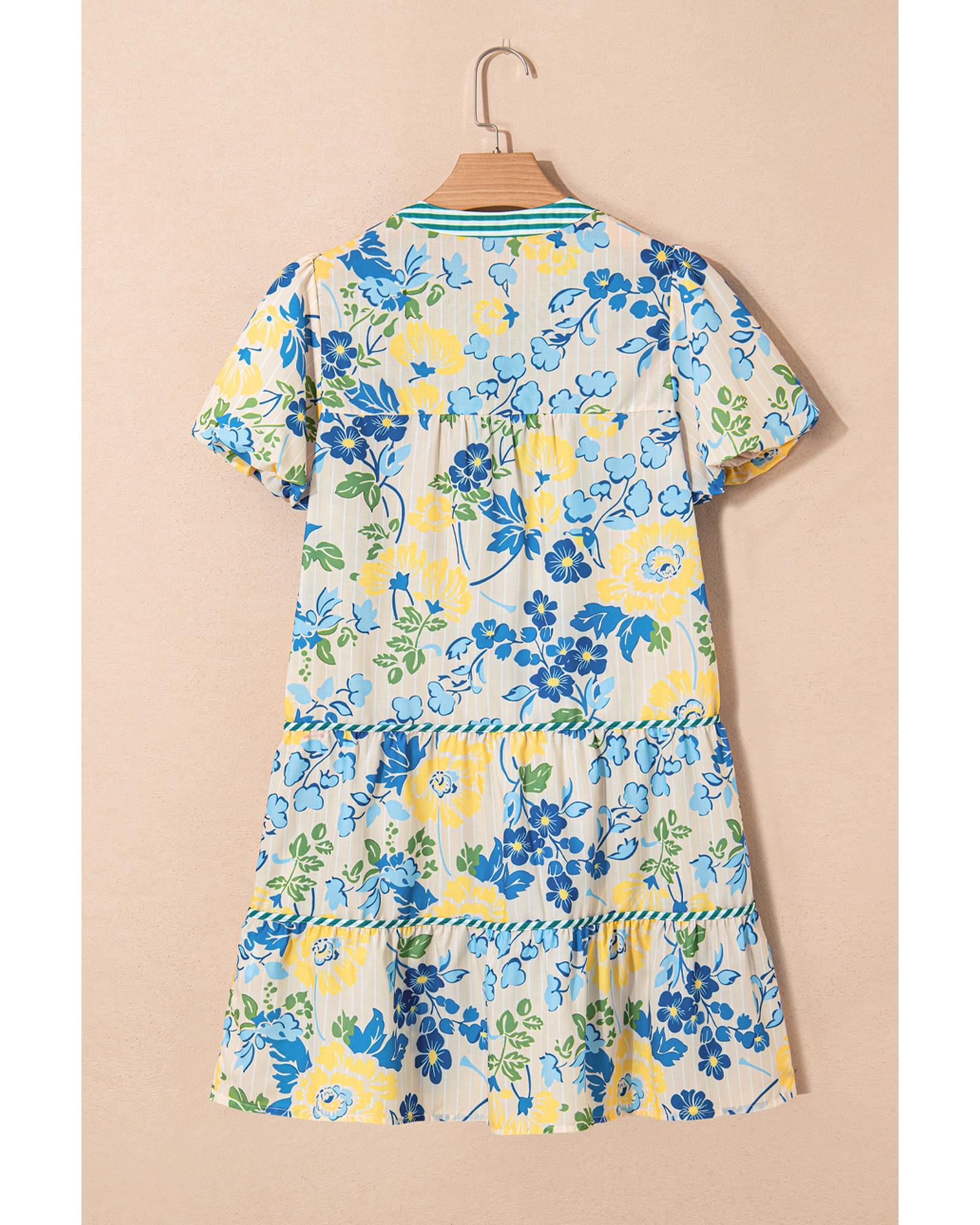 Blue Floral Striped Trim Puff Short Sleeve Dress - XL 4