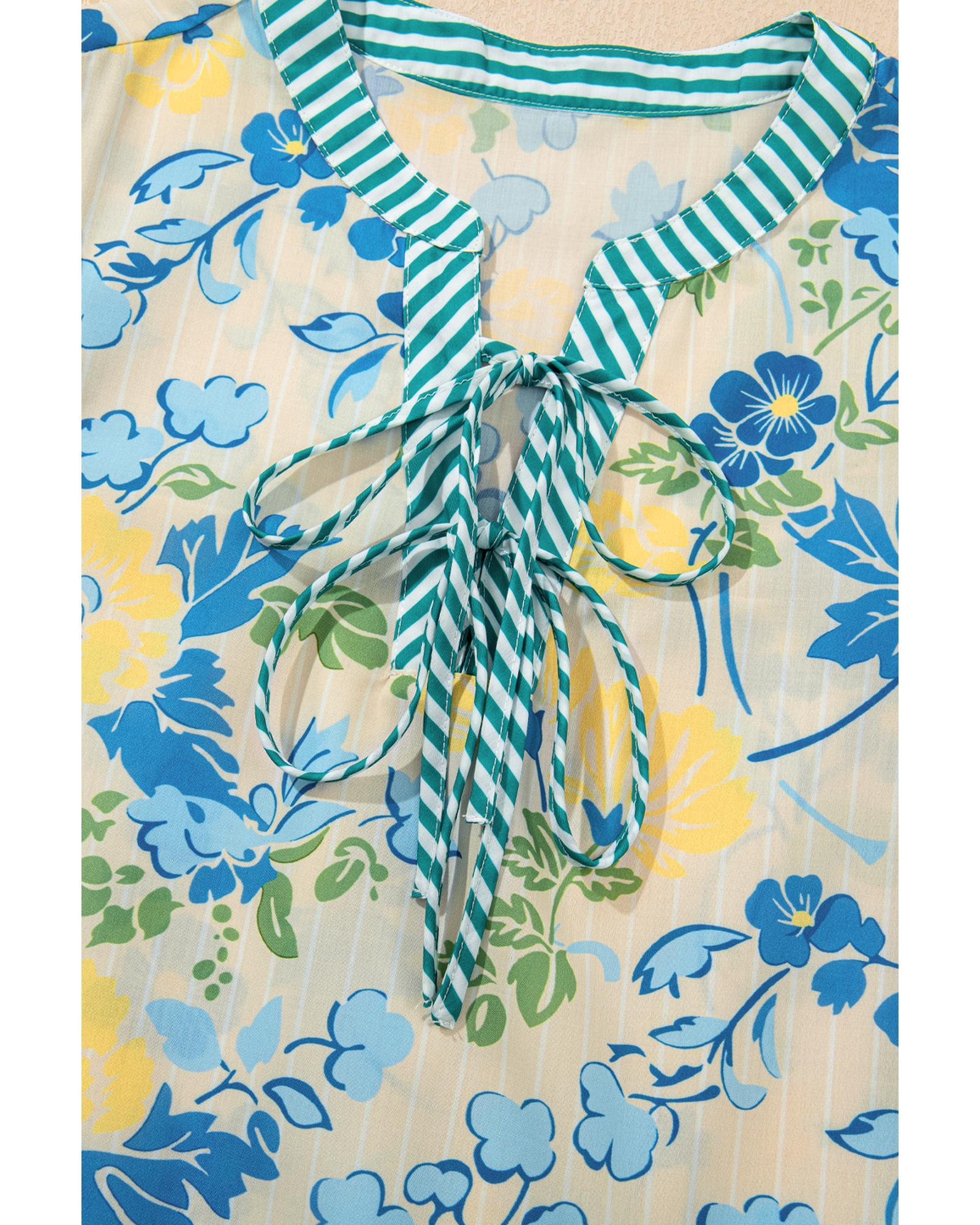 Blue Floral Striped Trim Puff Short Sleeve Dress - XL 6