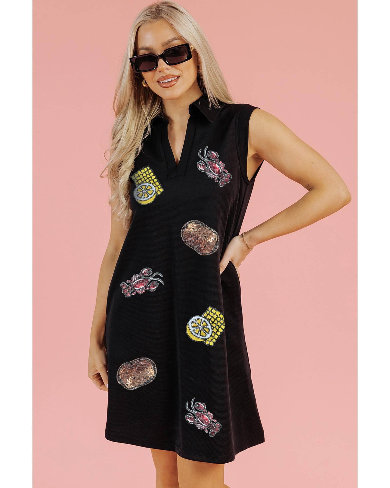 Black Sequin Patched V Neck Collared Mini Dress - XL 4