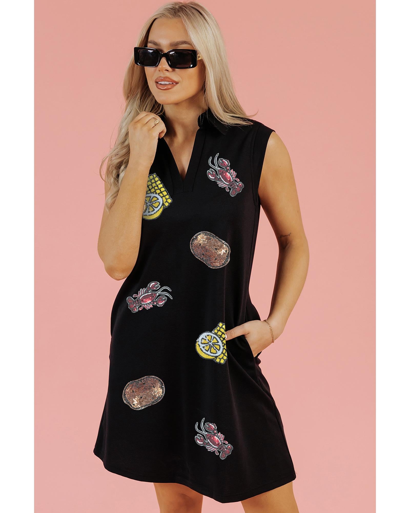 Black Sequin Patched V Neck Collared Mini Dress - XL 6