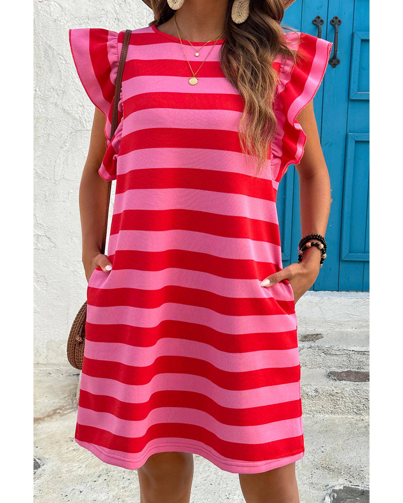 Red Stripe Flutter Sleeve Round Neck Shift Dress - M 5