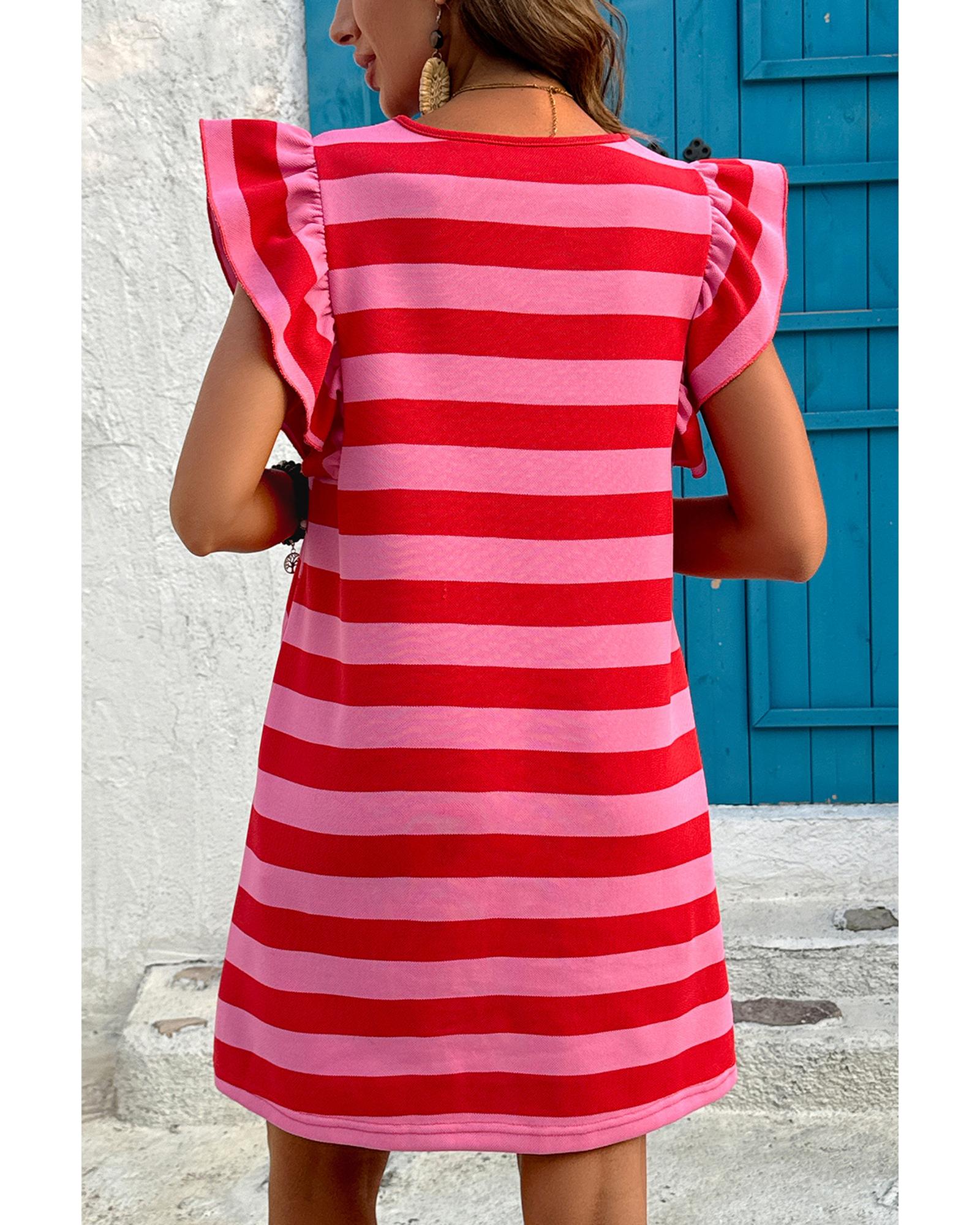 Red Stripe Flutter Sleeve Round Neck Shift Dress - S