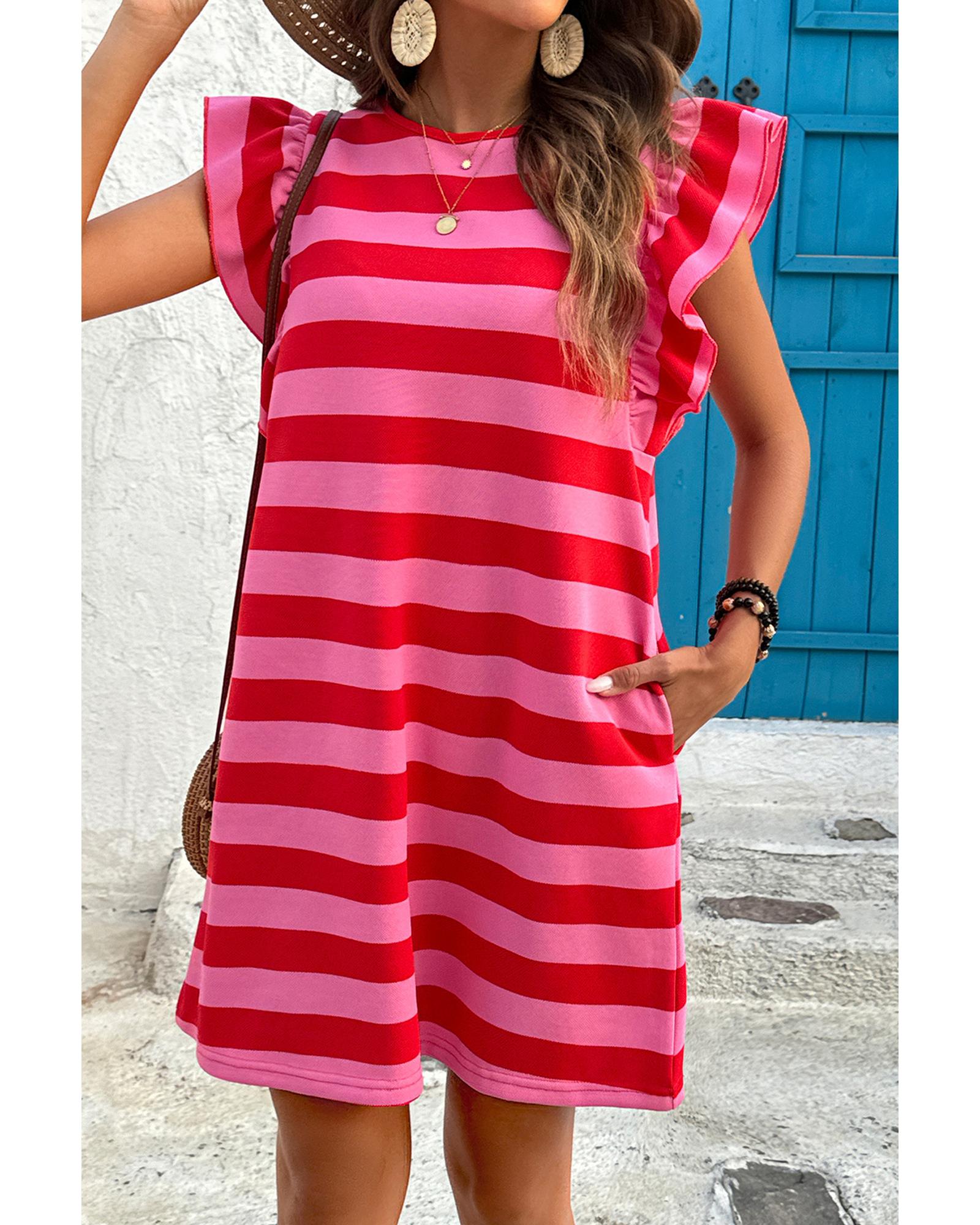 Red Stripe Flutter Sleeve Round Neck Shift Dress - S 3