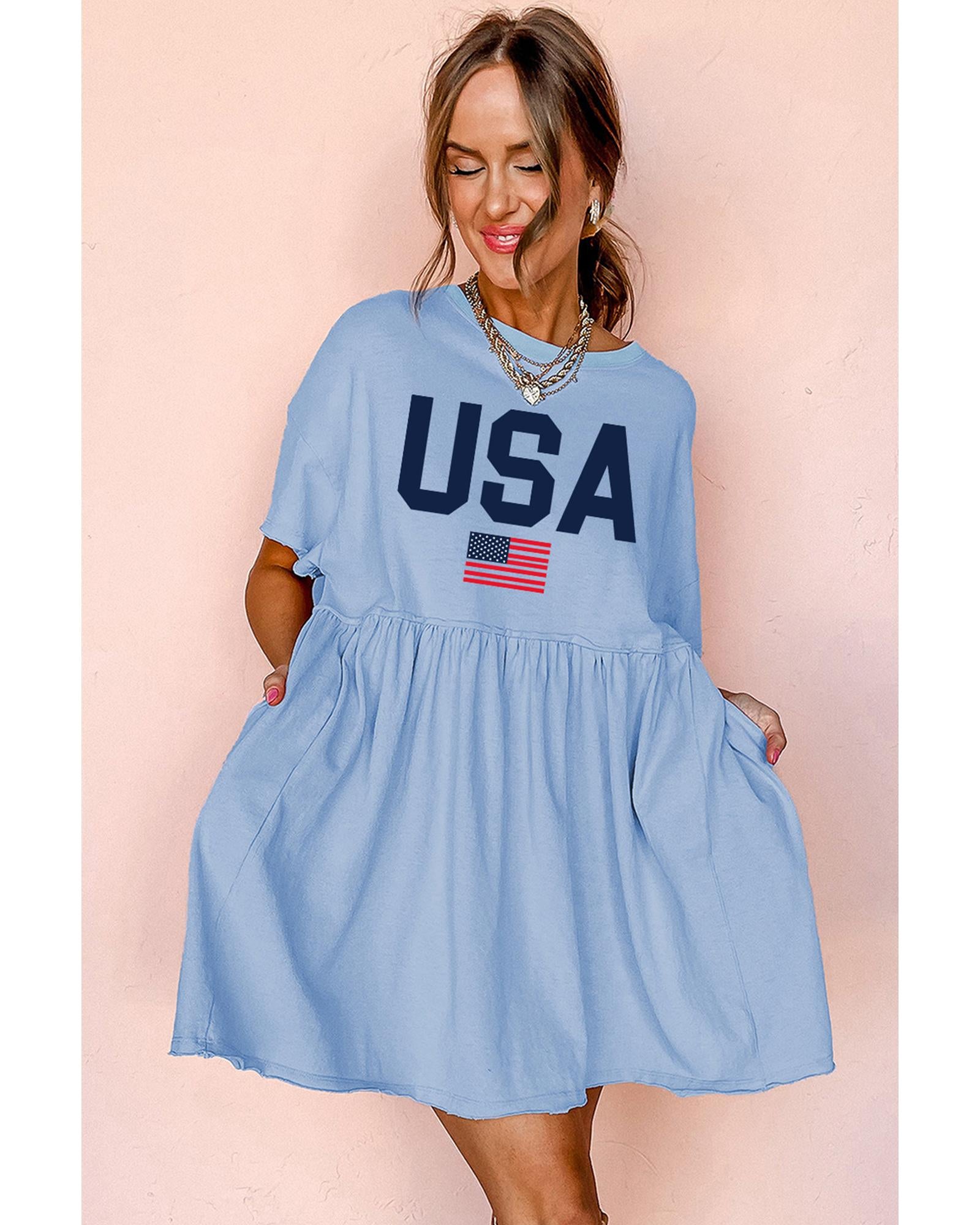 Sky Blue USA Flag Print Short Sleeve High Waist Babydoll Dress - S 4
