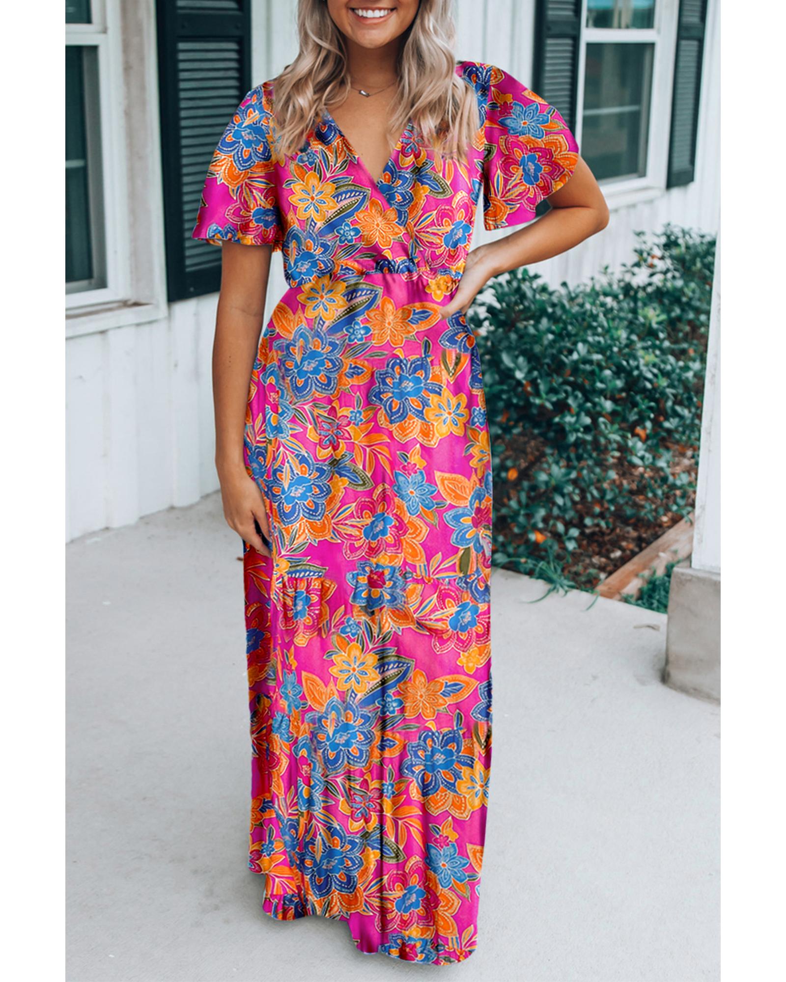 Rose Wrap V Neck Floral Maxi Dress - M