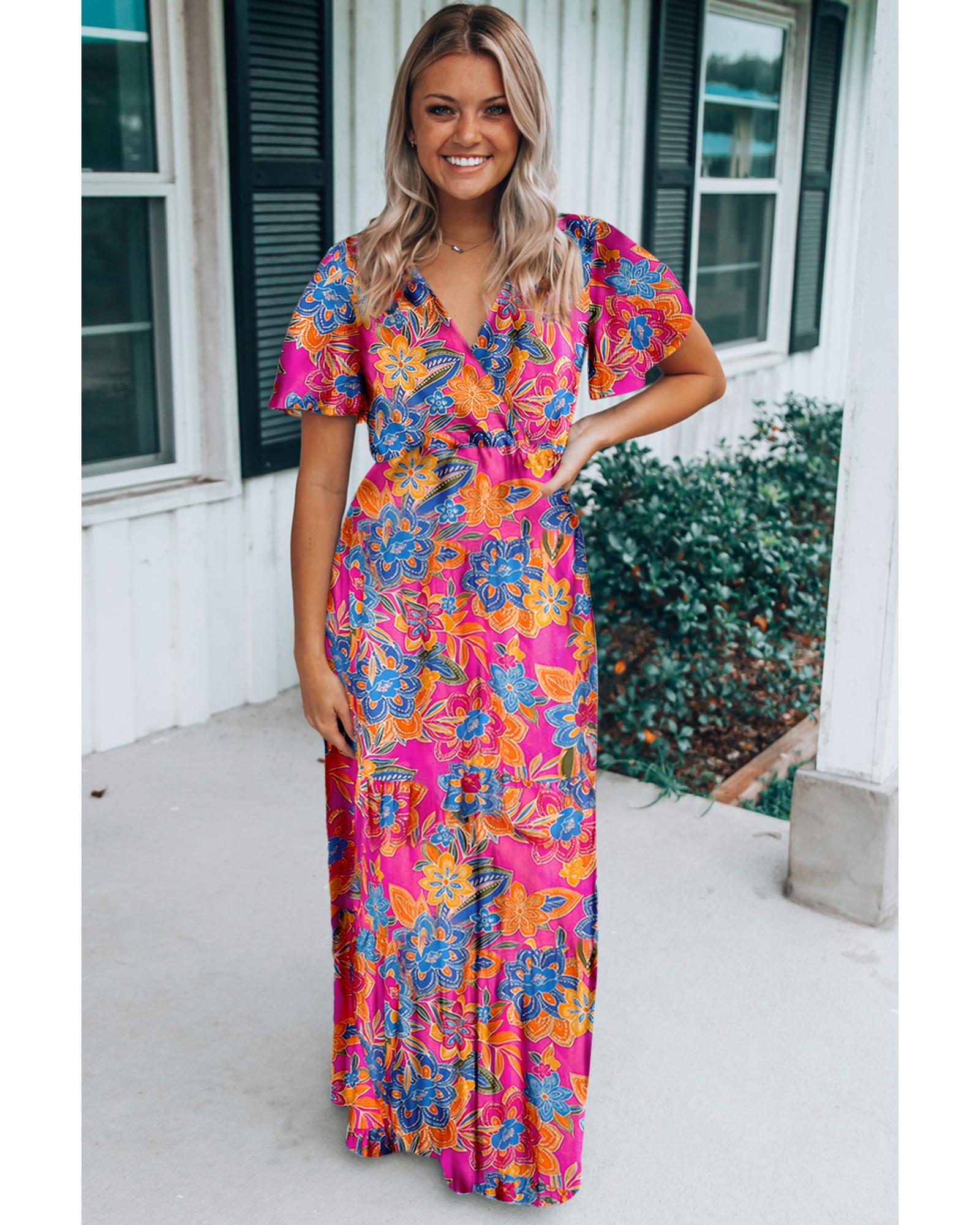 Rose Wrap V Neck Floral Maxi Dress - M 3