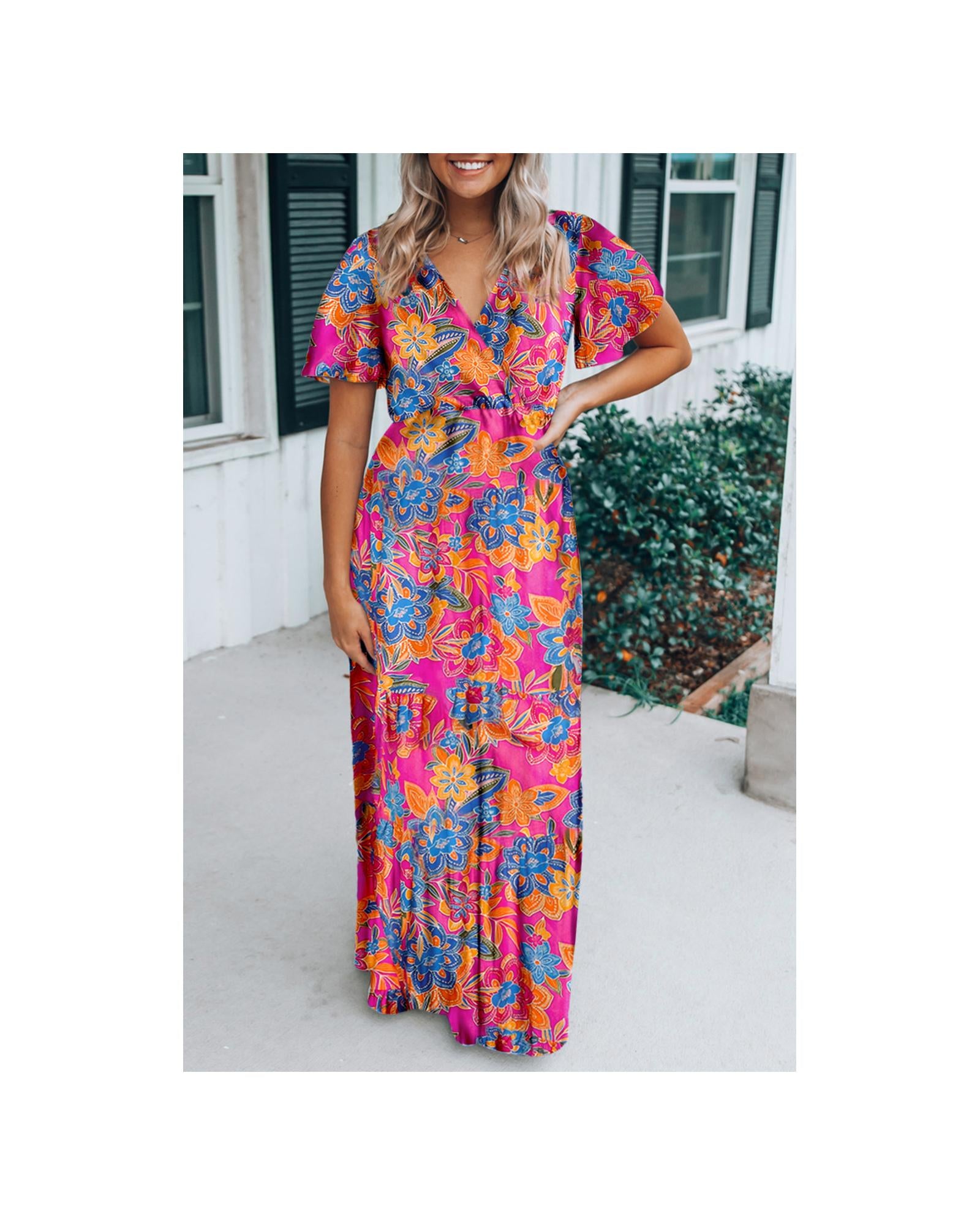 Rose Wrap V Neck Floral Maxi Dress - S