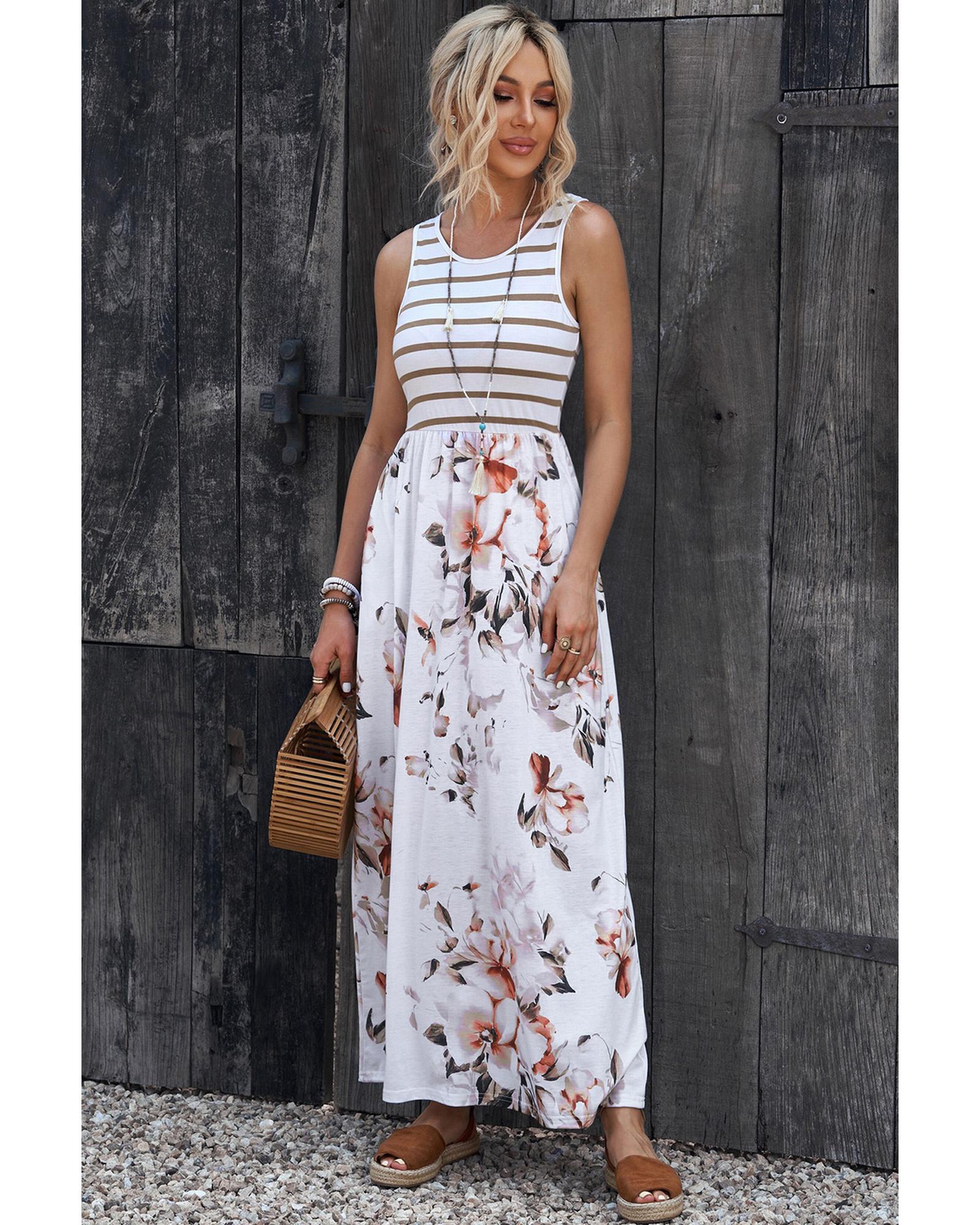 Azura Exchange White Striped Floral Print Sleeveless Maxi Dress with Pocket - L