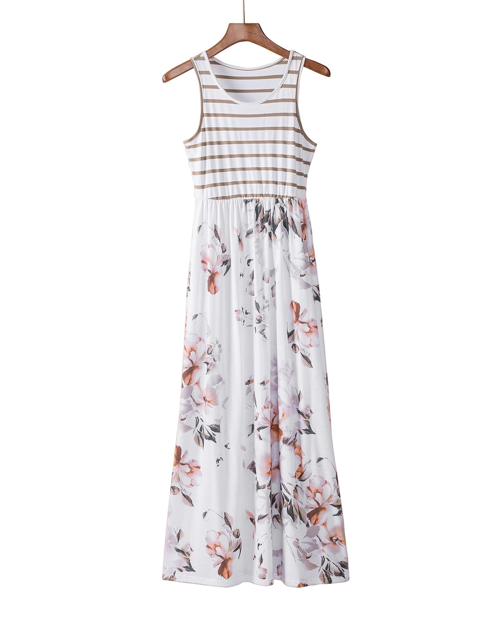 Azura Exchange White Striped Floral Print Sleeveless Maxi Dress with Pocket - M