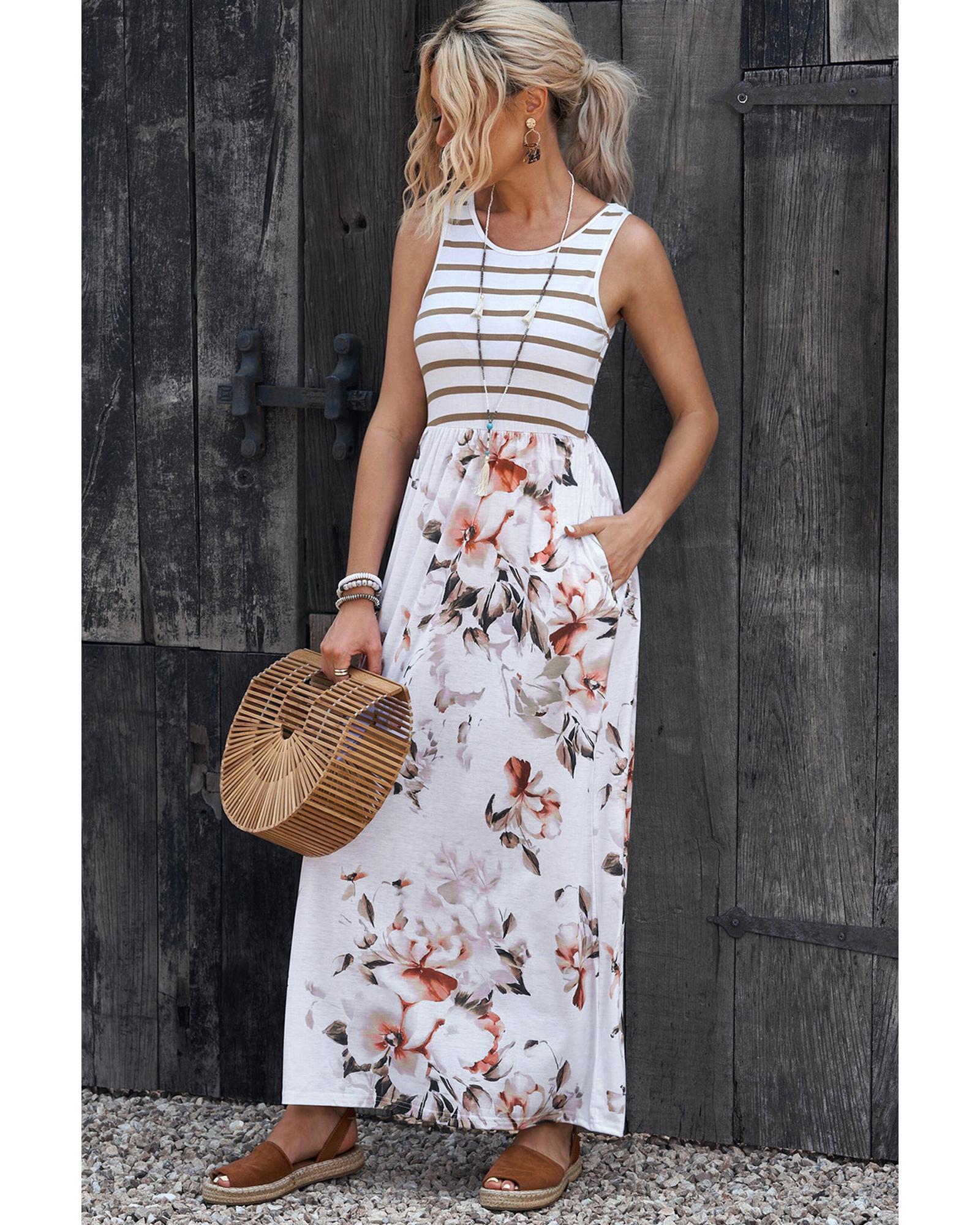 Azura Exchange White Striped Floral Print Sleeveless Maxi Dress with Pocket - S 3