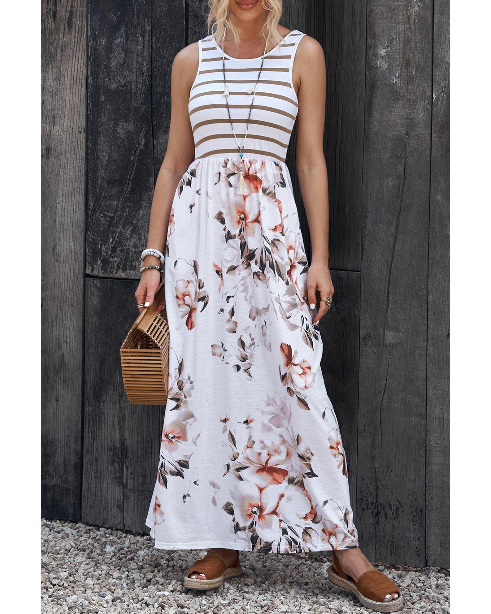 Azura Exchange White Striped Floral Print Sleeveless Maxi Dress with Pocket - S 5