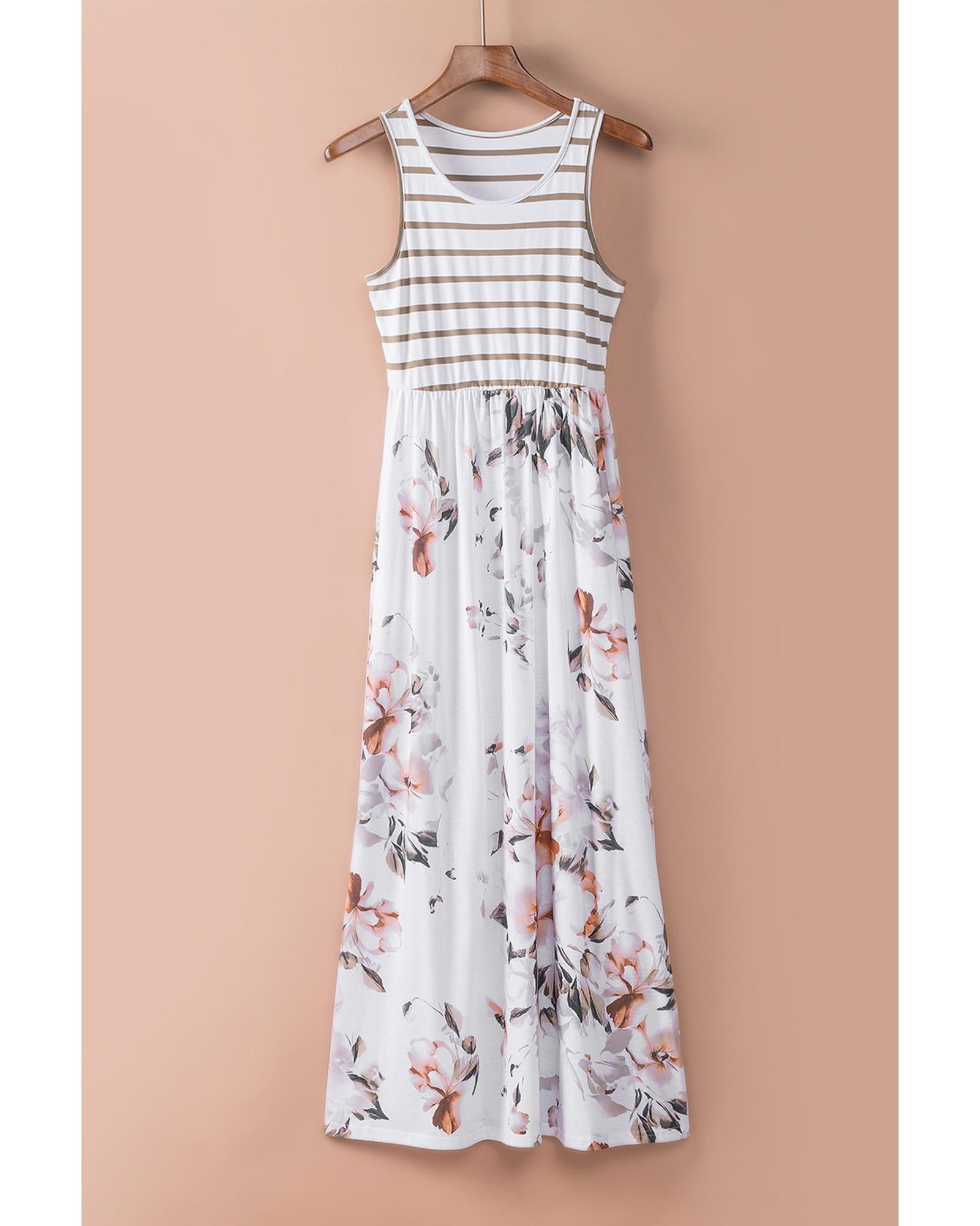 Azura Exchange White Striped Floral Print Sleeveless Maxi Dress with Pocket - S 8