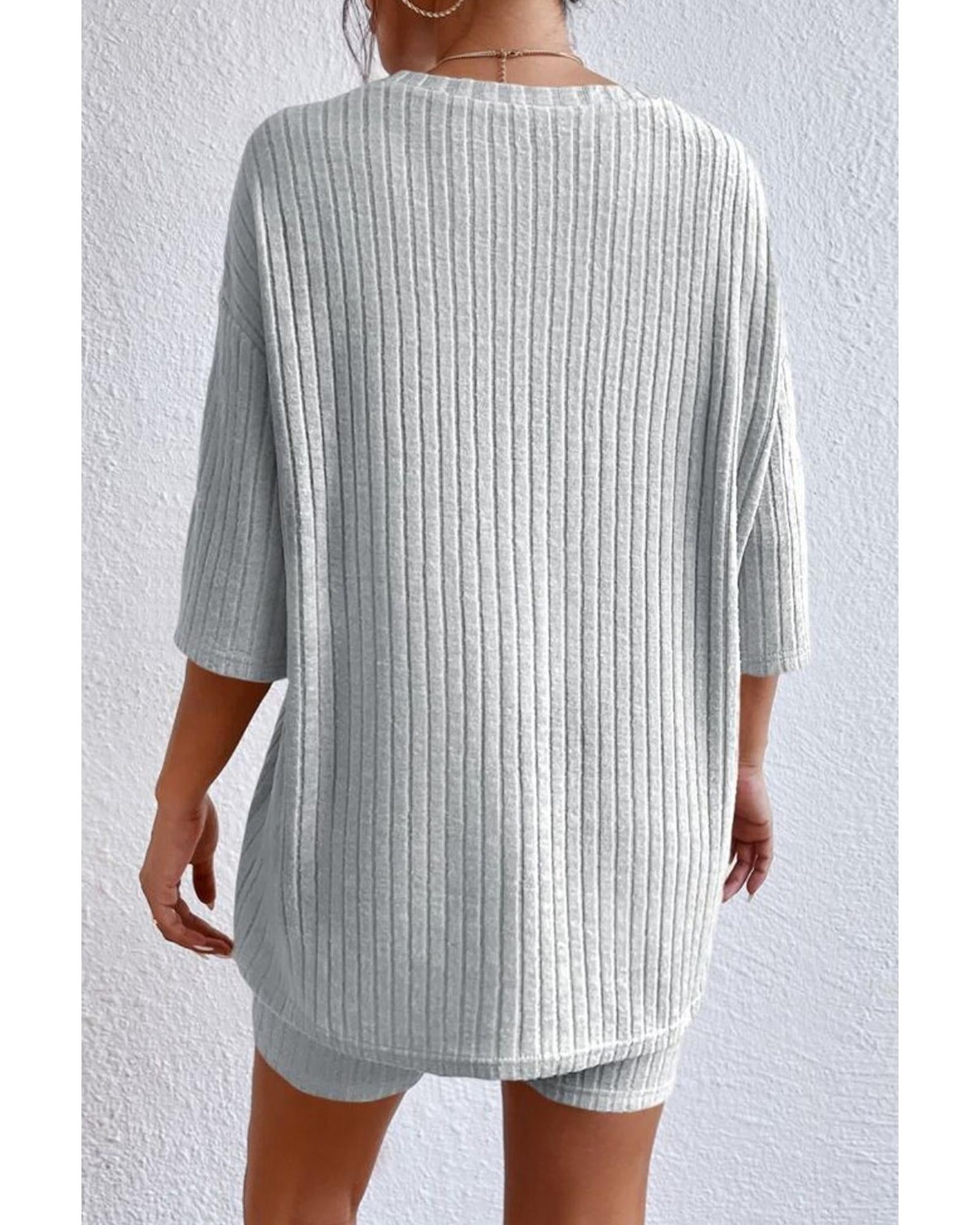 Gray Plain Ribbed Loose Fit Two Piece Lounge Set - L
