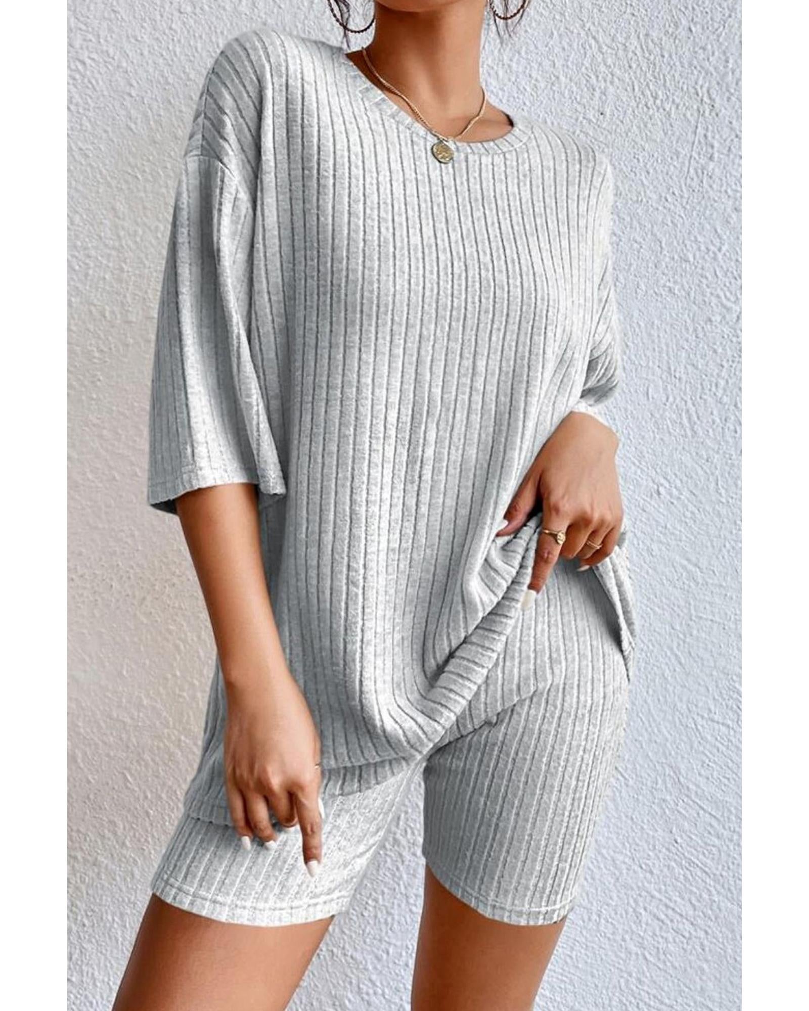 Gray Plain Ribbed Loose Fit Two Piece Lounge Set - M