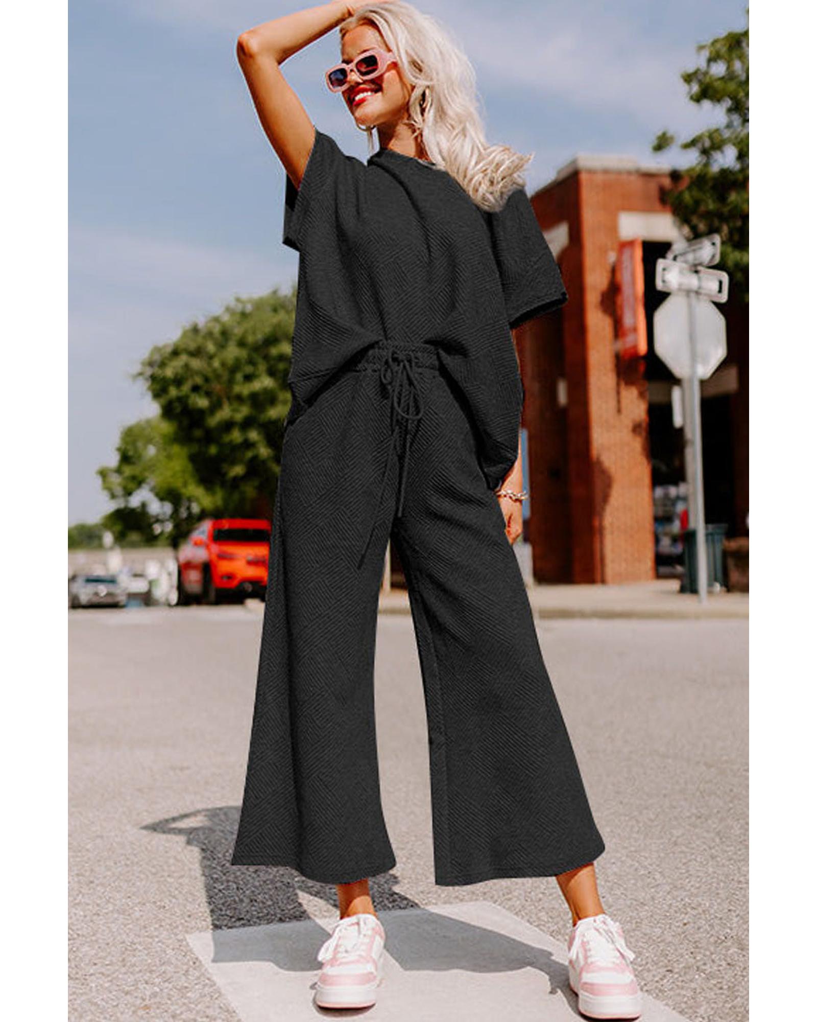 Black Textured Loose Fit T Shirt and Drawstring Pants Set - L