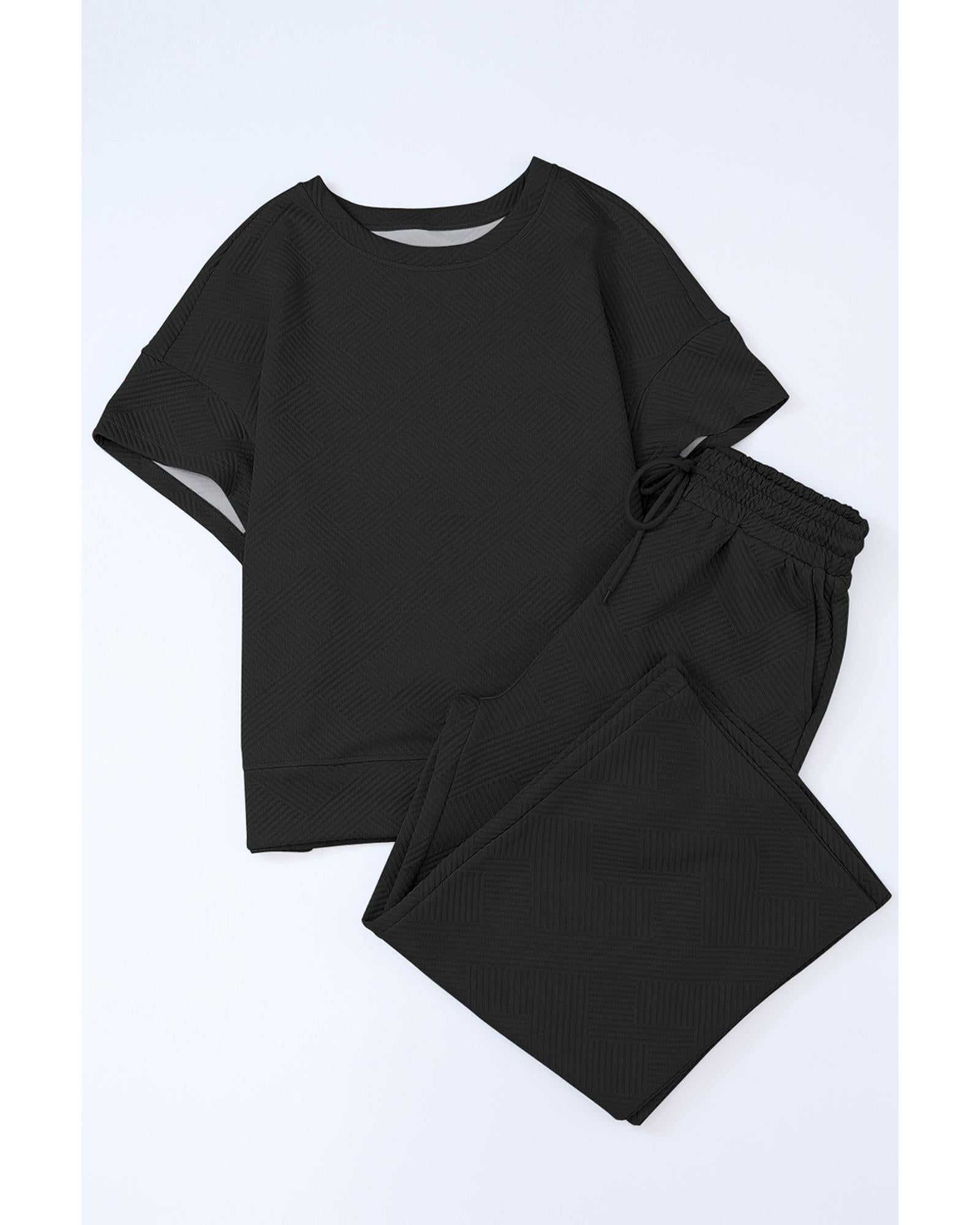 Black Textured Loose Fit T Shirt and Drawstring Pants Set - L 5