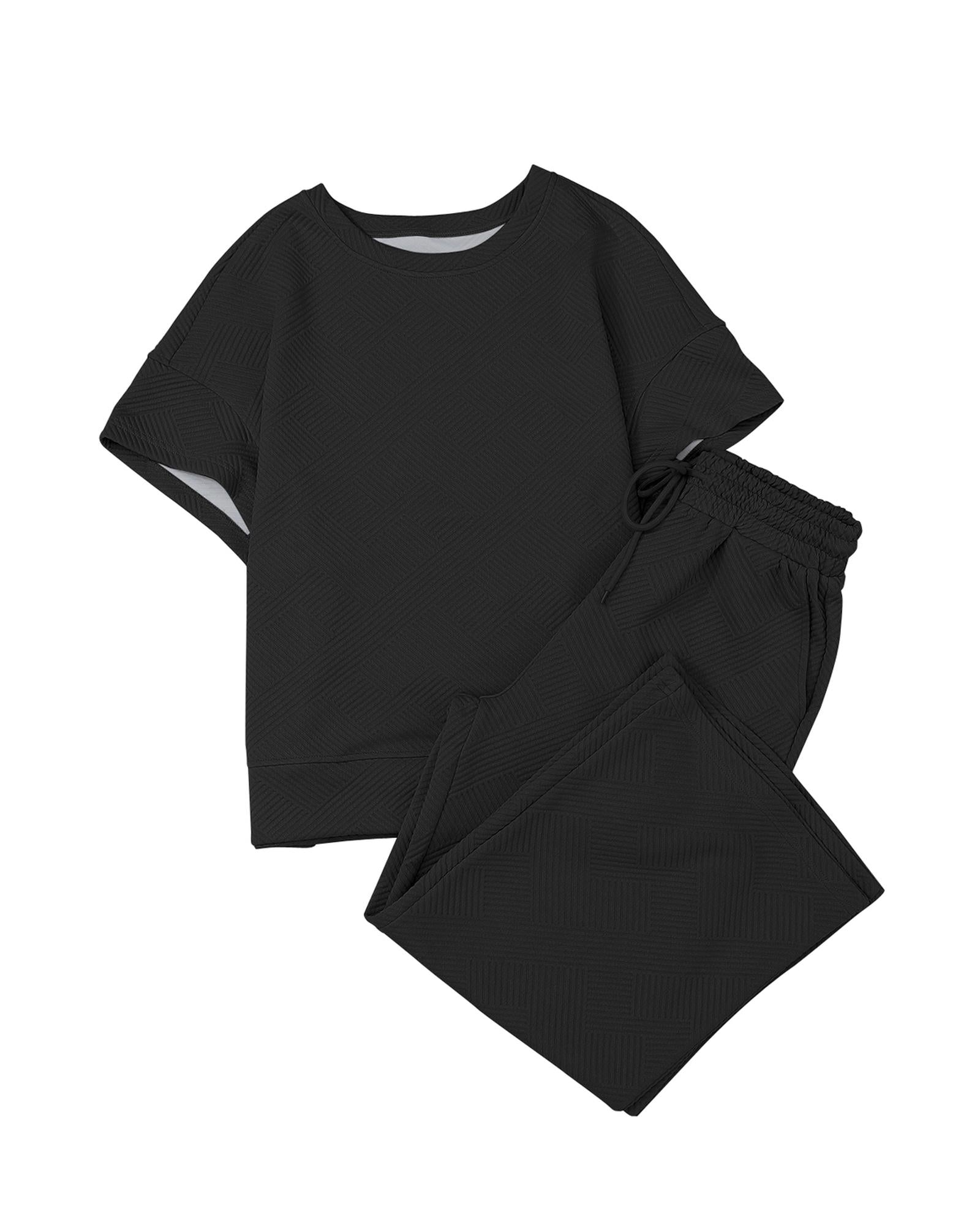 Black Textured Loose Fit T Shirt and Drawstring Pants Set - L 8