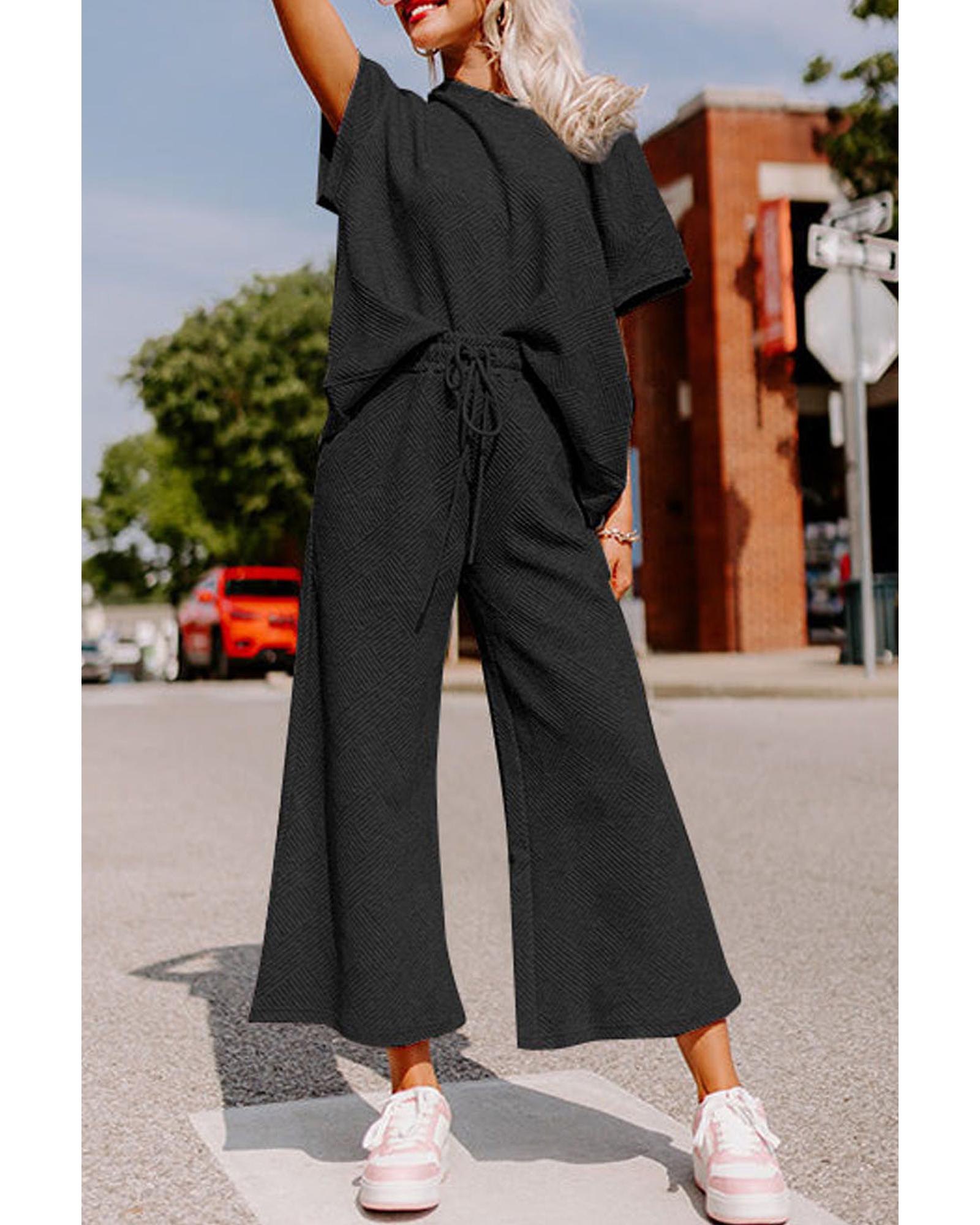 Black Textured Loose Fit T Shirt and Drawstring Pants Set - S