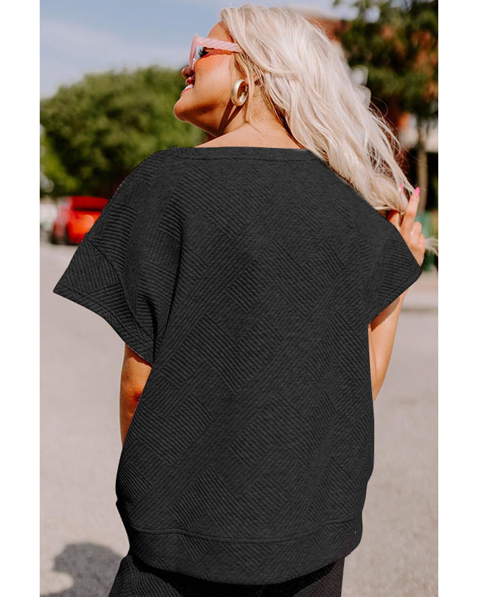 Black Textured Loose Fit T Shirt and Drawstring Pants Set - S 7