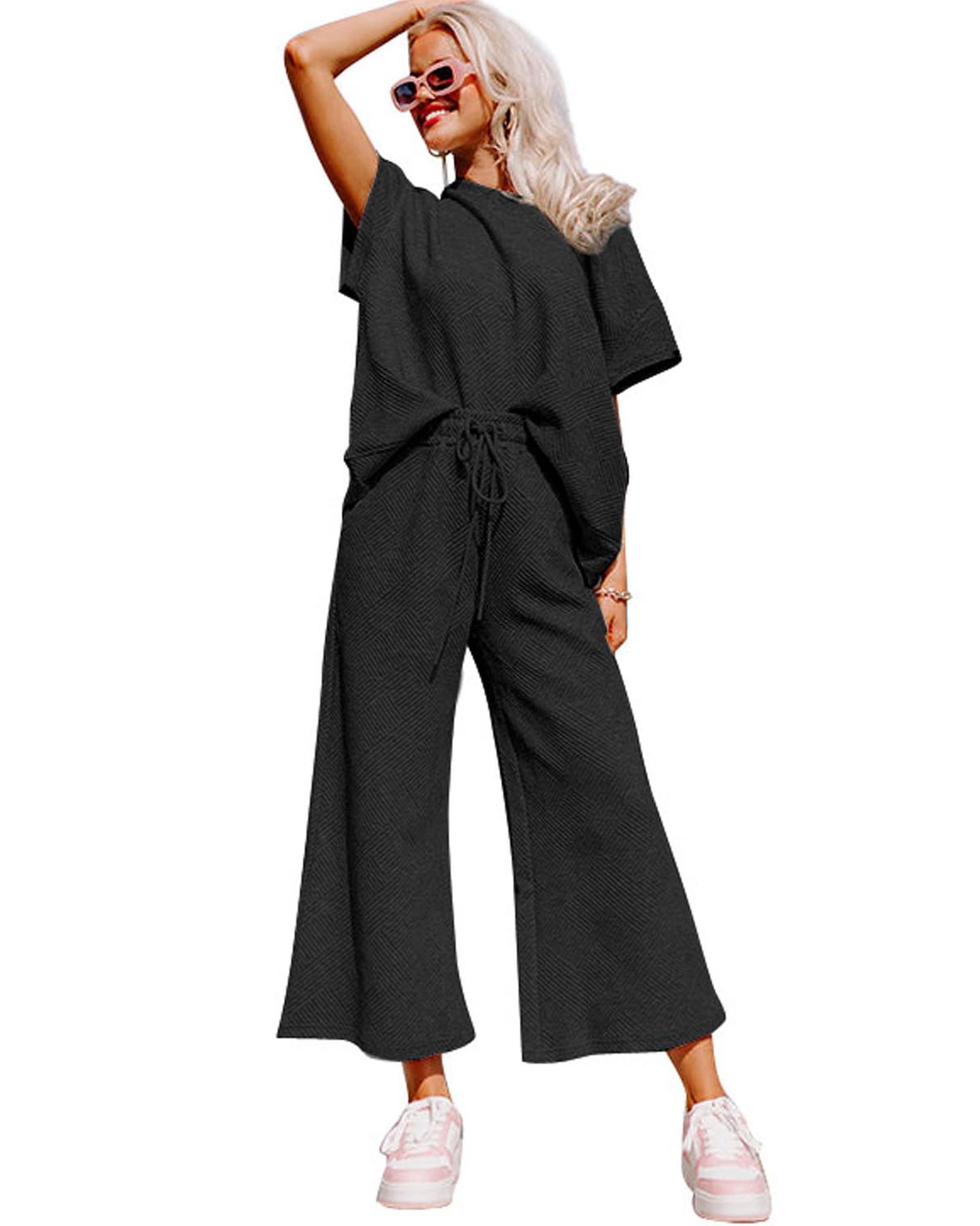 Black Textured Loose Fit T Shirt and Drawstring Pants Set - XL