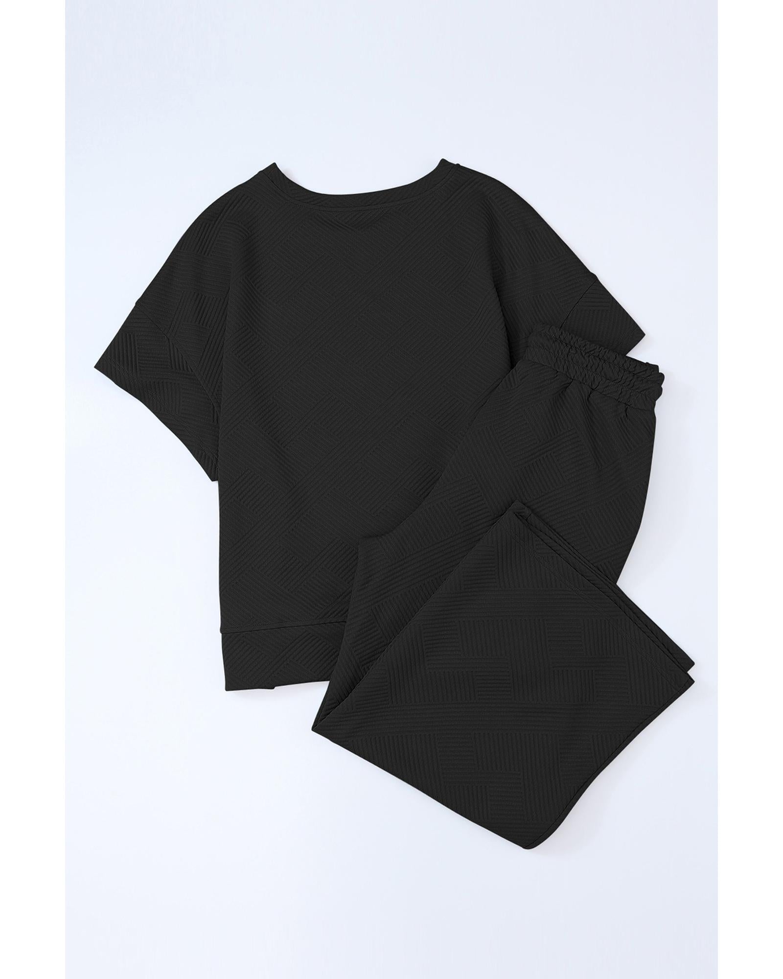 Black Textured Loose Fit T Shirt and Drawstring Pants Set - XL 3