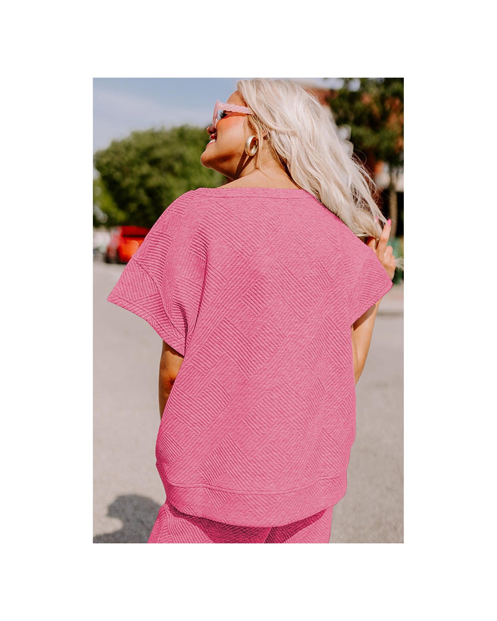 Strawberry Pink Textured Loose Fit T Shirt and Drawstring Pants Set - L