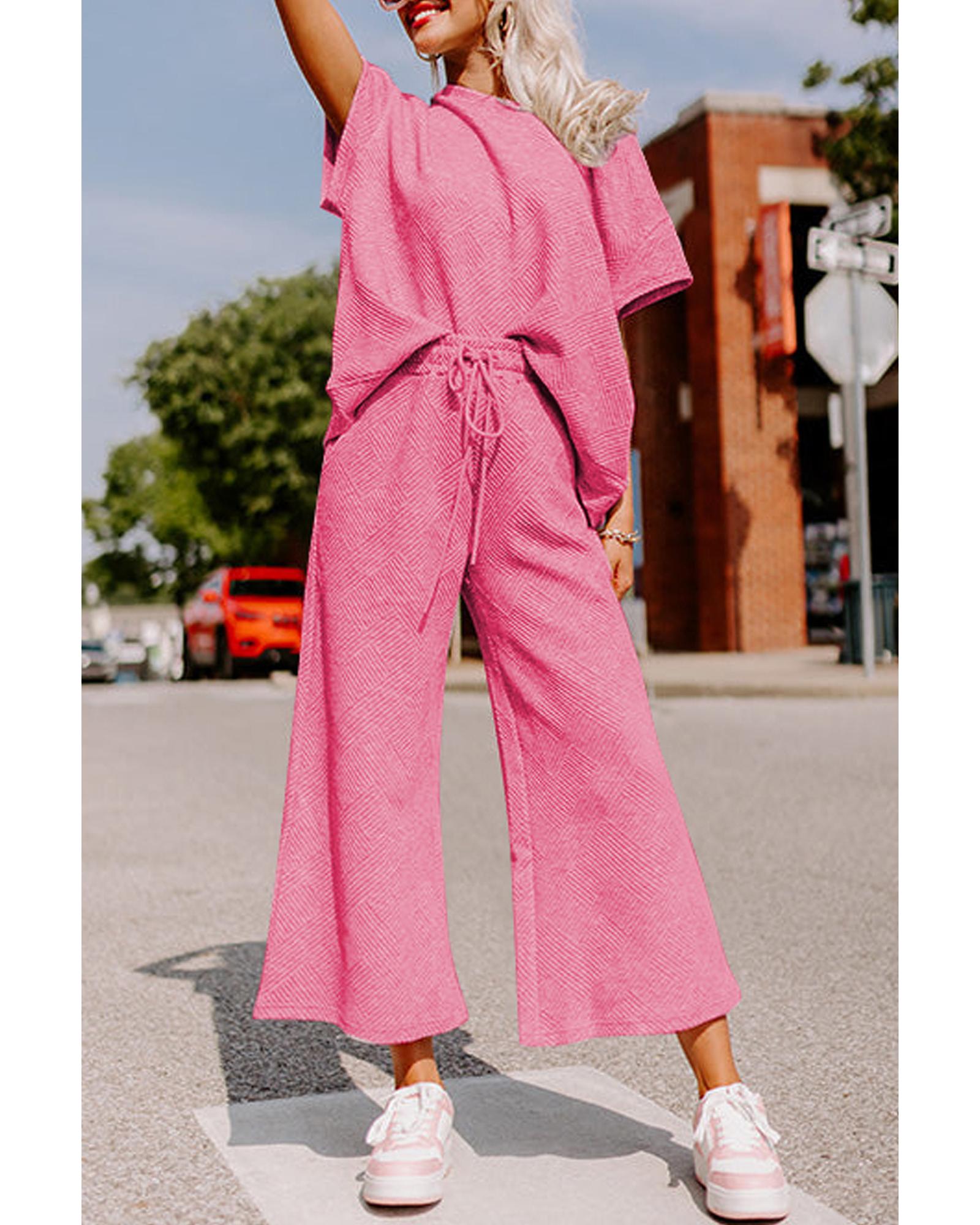 Strawberry Pink Textured Loose Fit T Shirt and Drawstring Pants Set - M