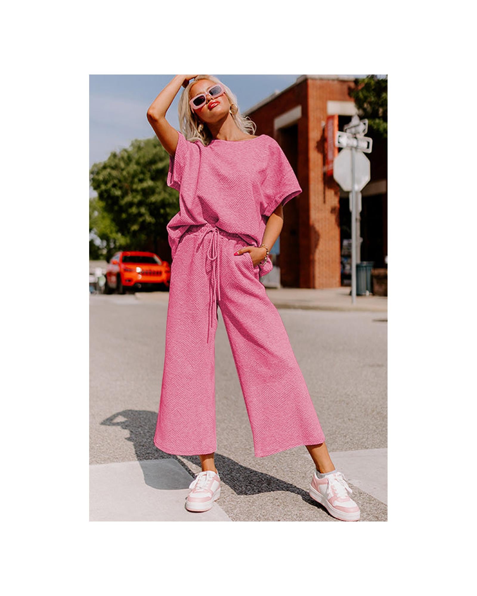 Strawberry Pink Textured Loose Fit T Shirt and Drawstring Pants Set - M 3