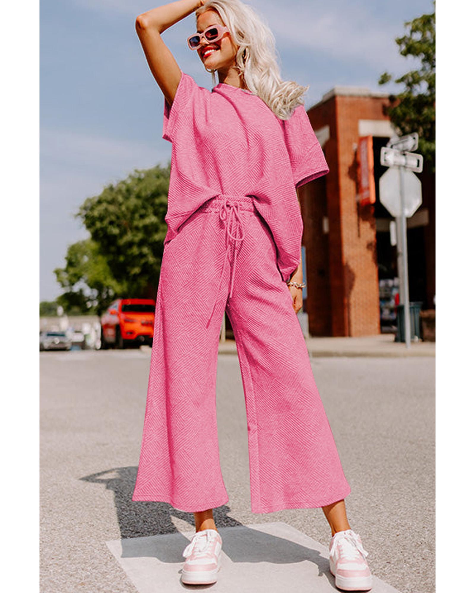 Strawberry Pink Textured Loose Fit T Shirt and Drawstring Pants Set - M 5