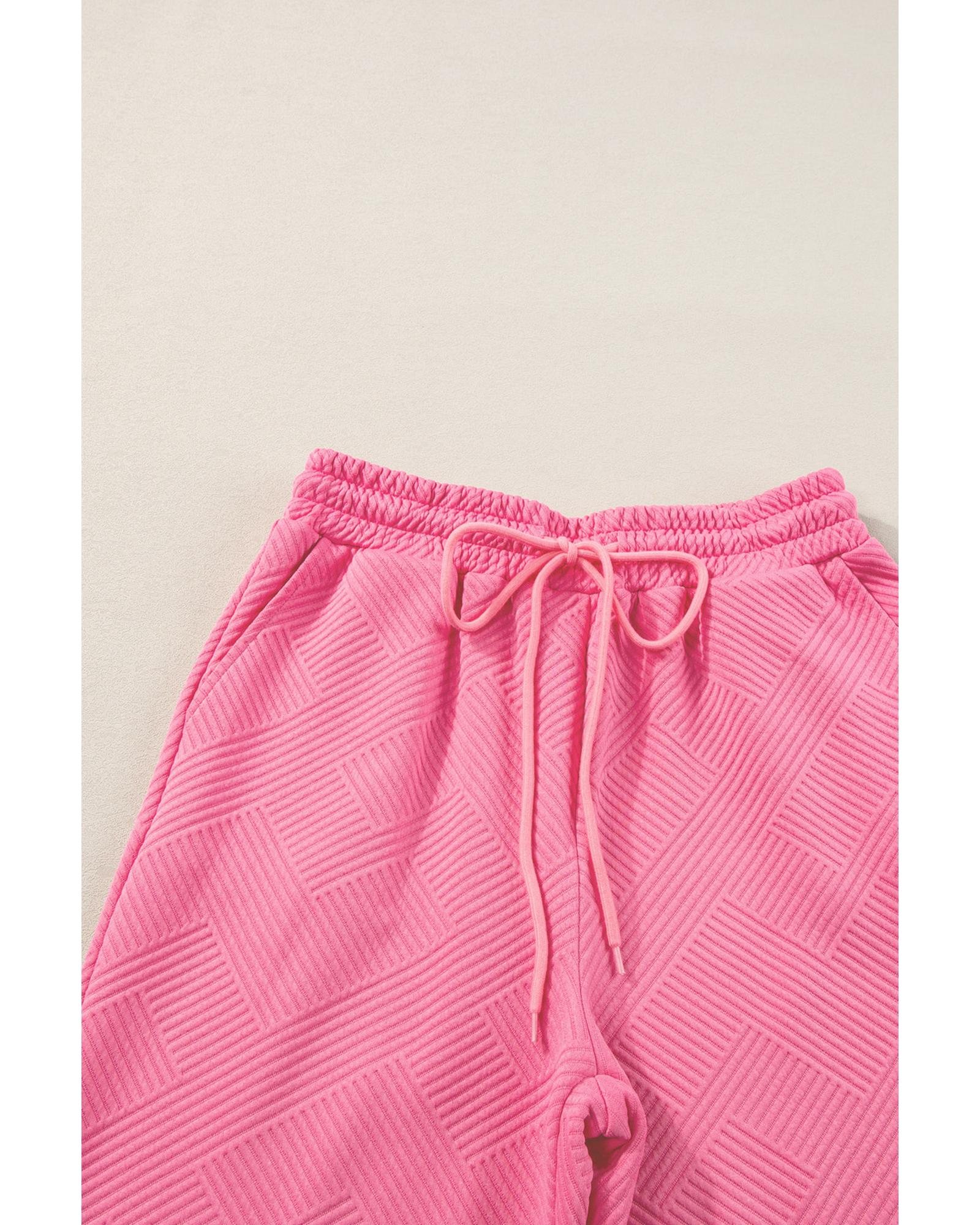 Strawberry Pink Textured Loose Fit T Shirt and Drawstring Pants Set - M 7
