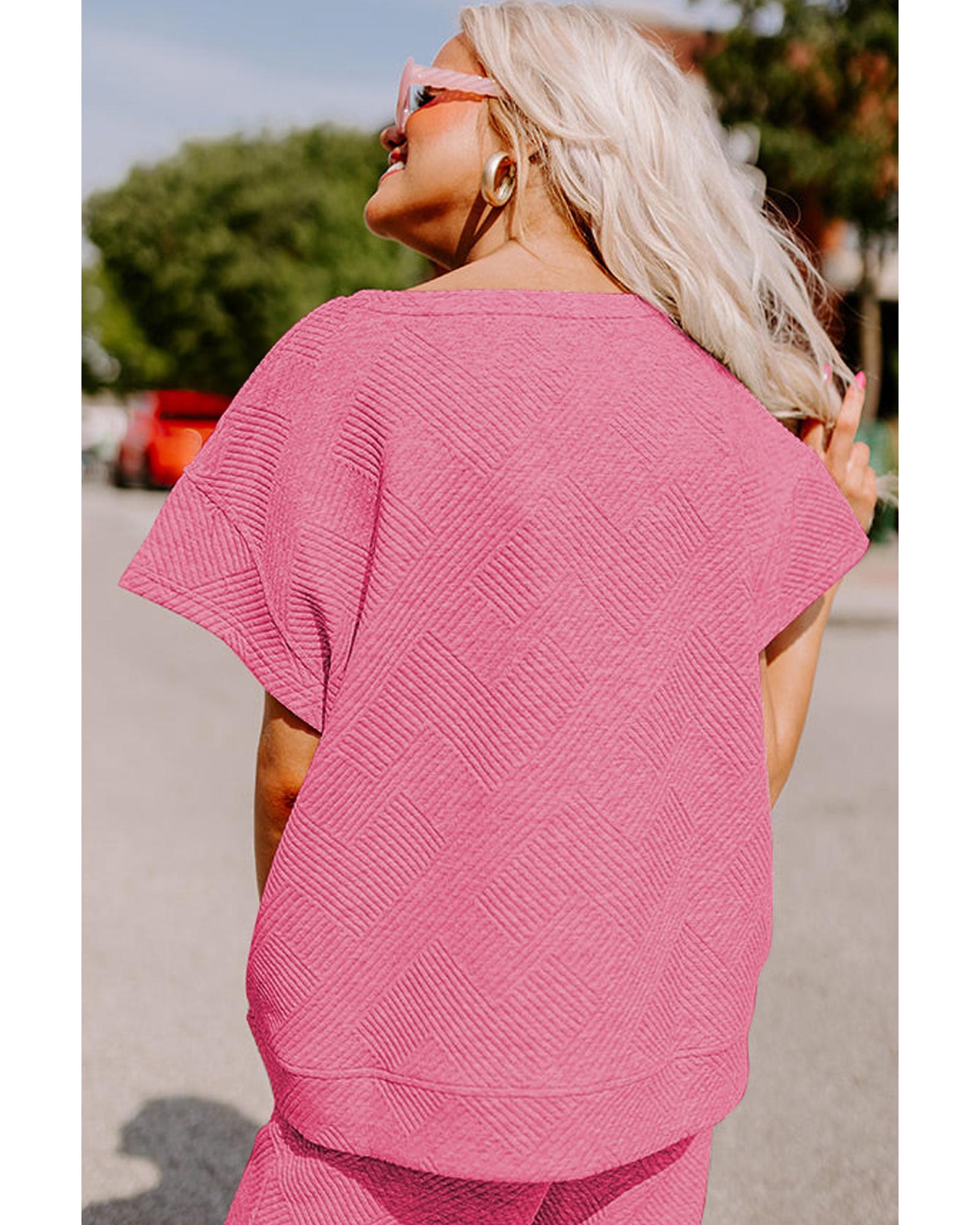 Strawberry Pink Textured Loose Fit T Shirt and Drawstring Pants Set - XL