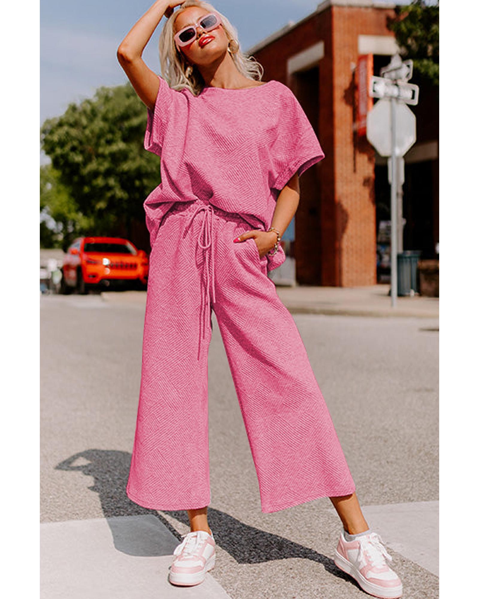 Strawberry Pink Textured Loose Fit T Shirt and Drawstring Pants Set - XL 4