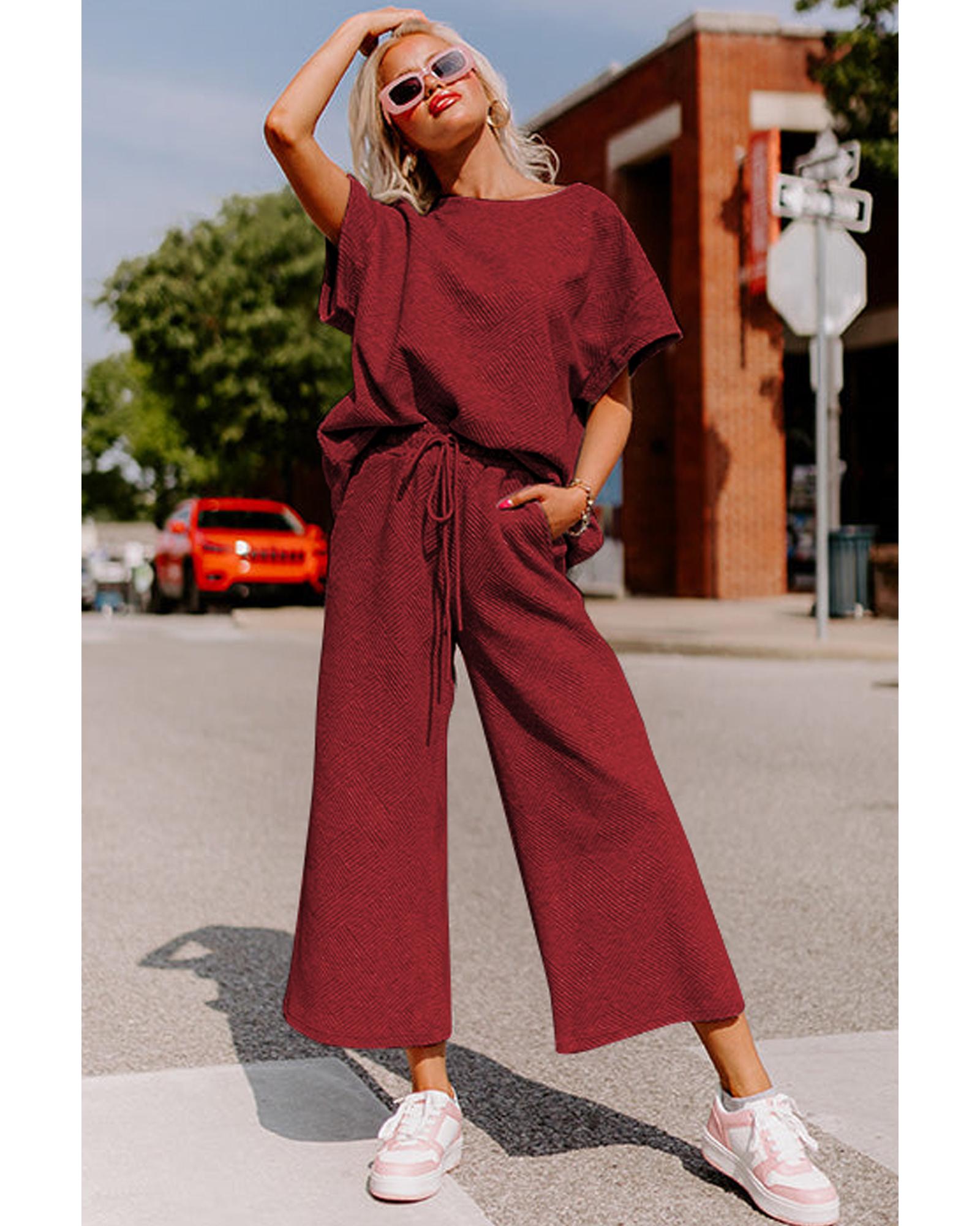 Red Dahlia Textured Loose Fit T Shirt and Drawstring Pants Set - L 4