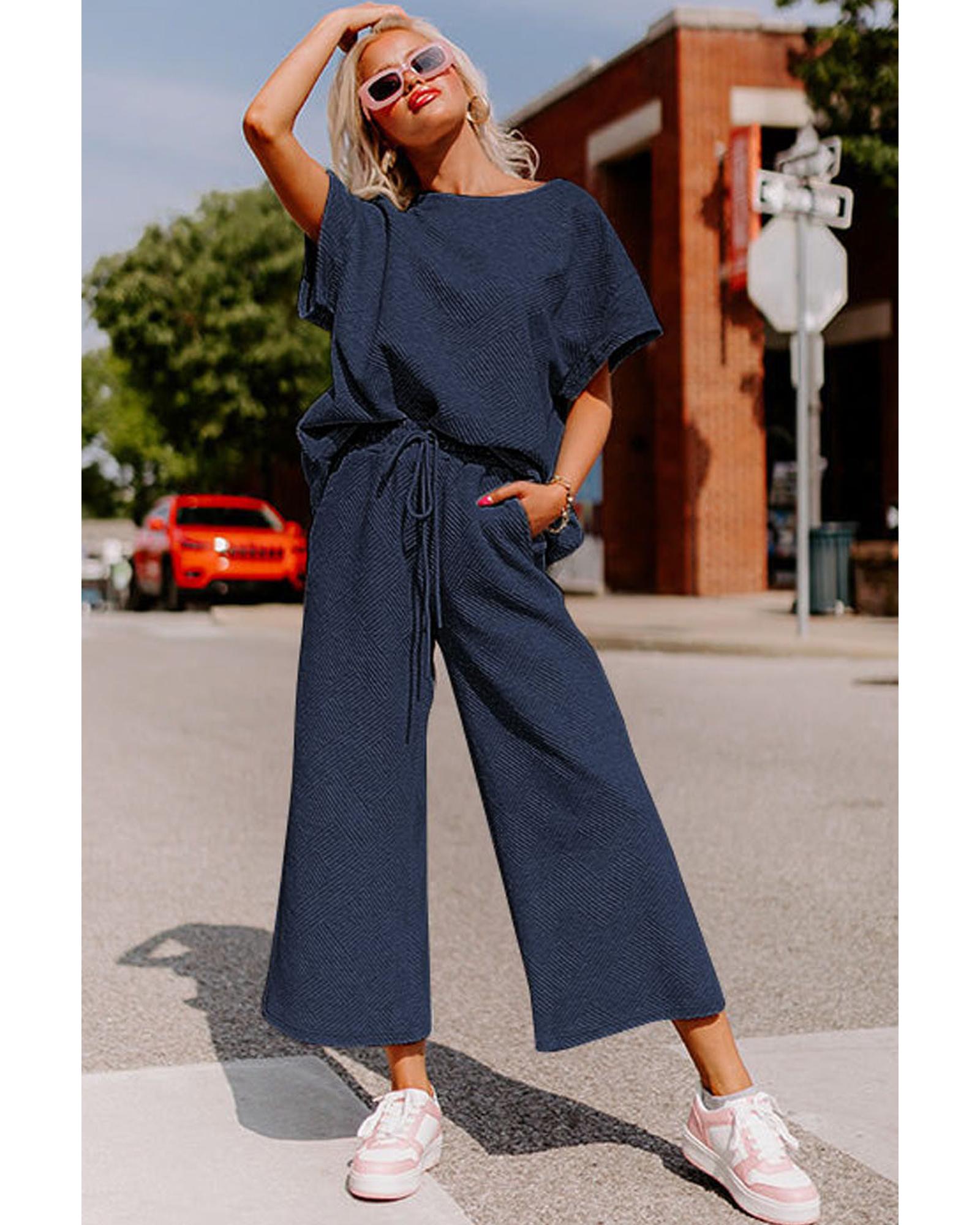 Navy Blue Textured Loose Fit T Shirt and Drawstring Pants Set - L