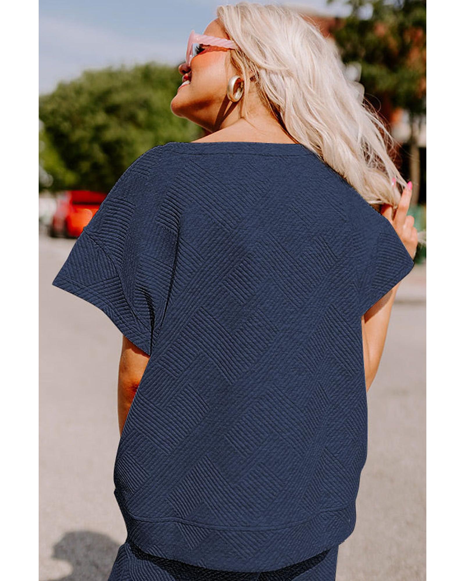 Navy Blue Textured Loose Fit T Shirt and Drawstring Pants Set - M