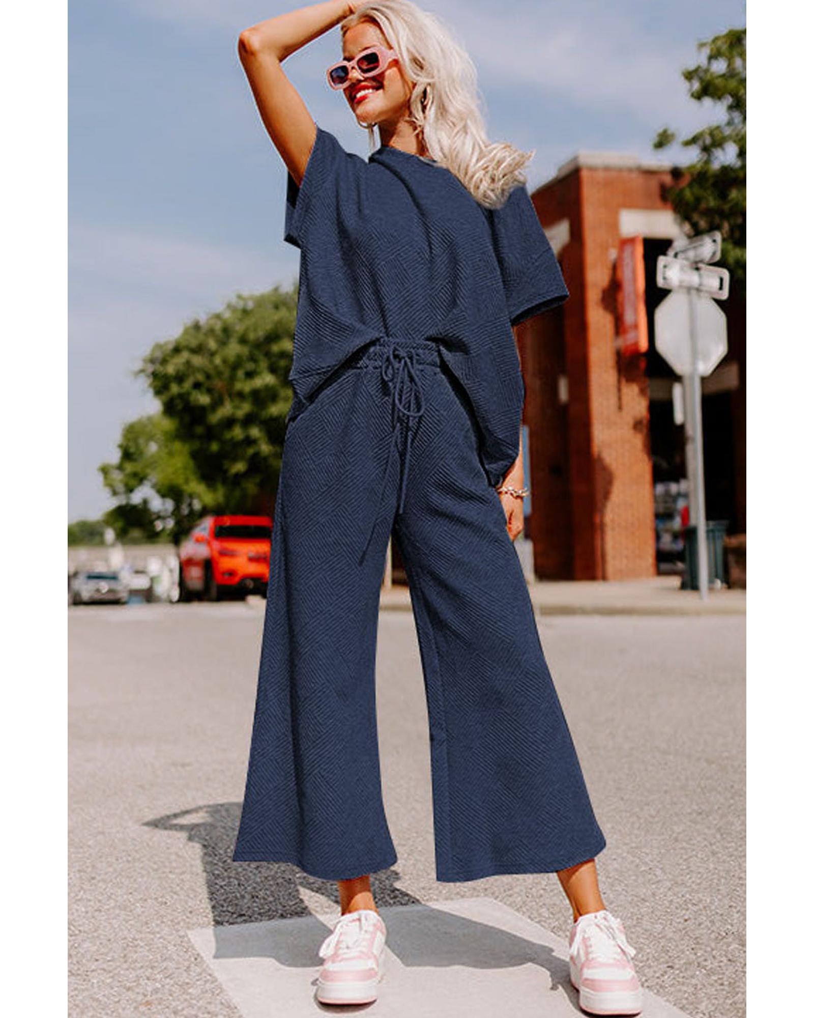 Navy Blue Textured Loose Fit T Shirt and Drawstring Pants Set - XL