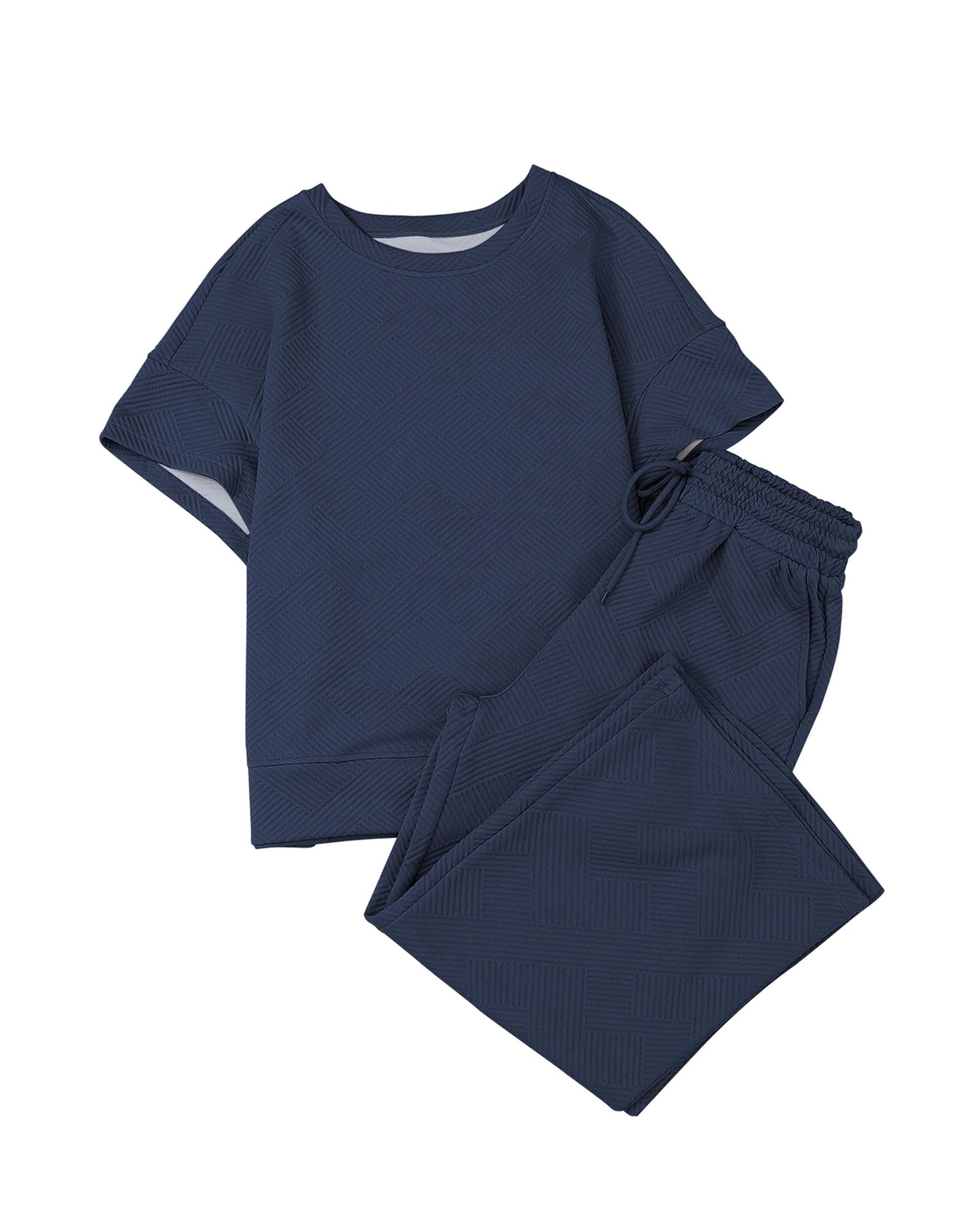 Navy Blue Textured Loose Fit T Shirt and Drawstring Pants Set - XL 3
