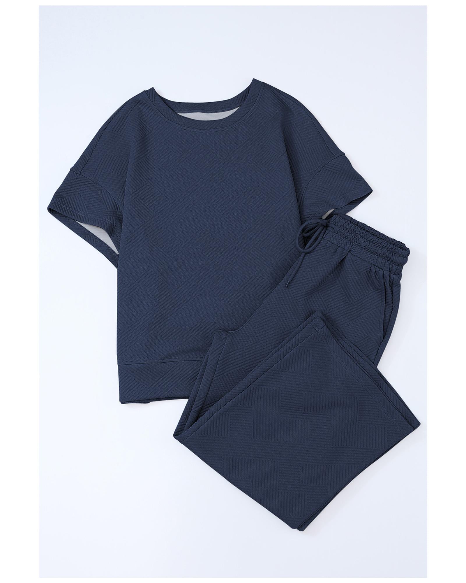 Navy Blue Textured Loose Fit T Shirt and Drawstring Pants Set - XL 7