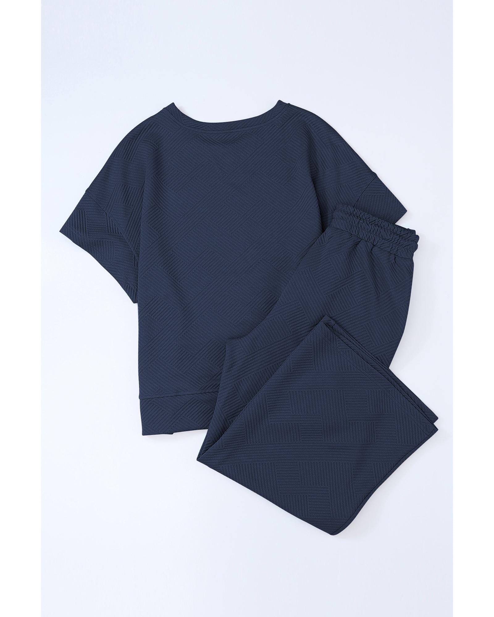 Navy Blue Textured Loose Fit T Shirt and Drawstring Pants Set - XL 8