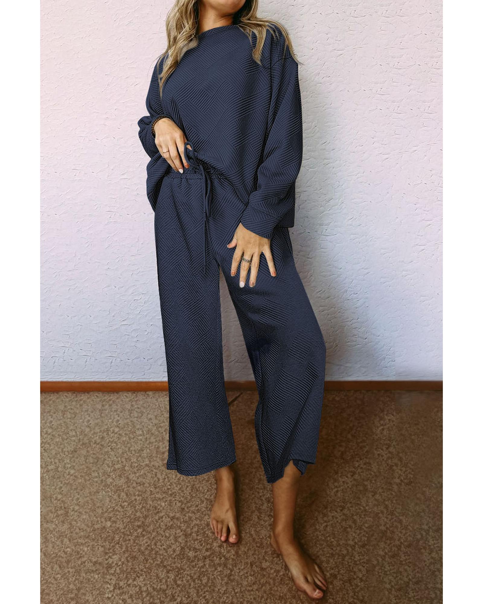 Navy Blue Ultra Loose Textured 2pcs Slouchy Outfit - M 4