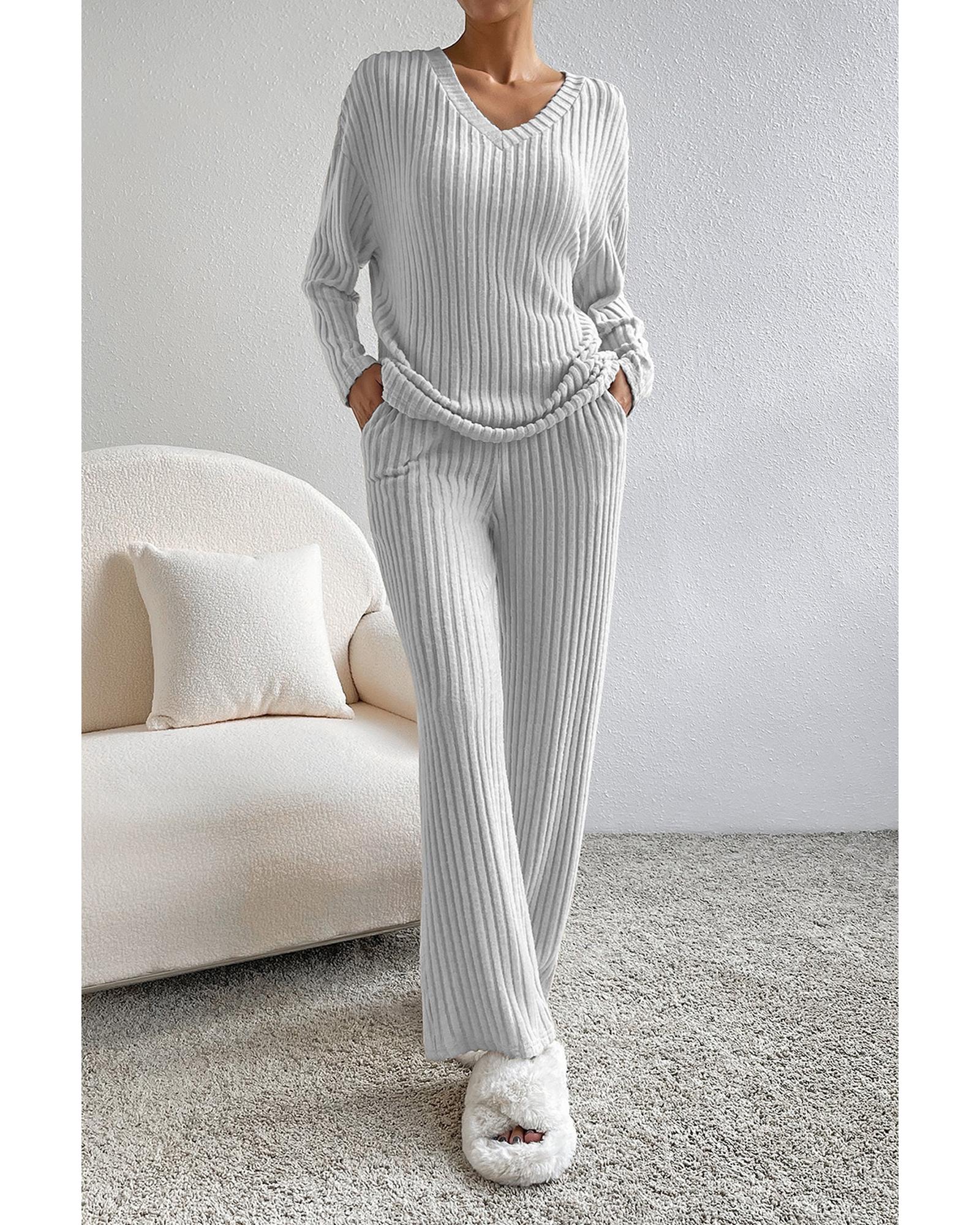 Light Grey Ribbed Knit V Neck Slouchy Two-piece Outfit - XL